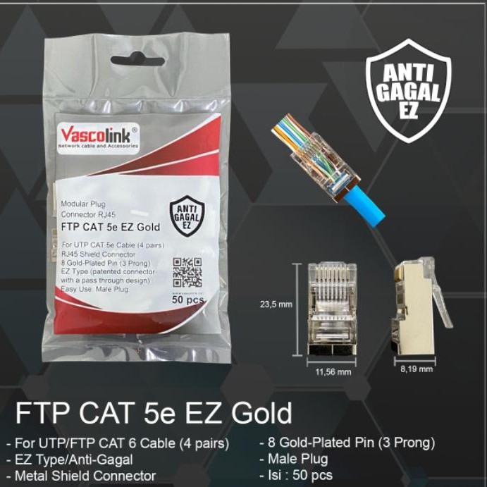 ANTI GAGAL Vascolink Connector Rj45 FTP Cat5e EZ GOLD 50pcs