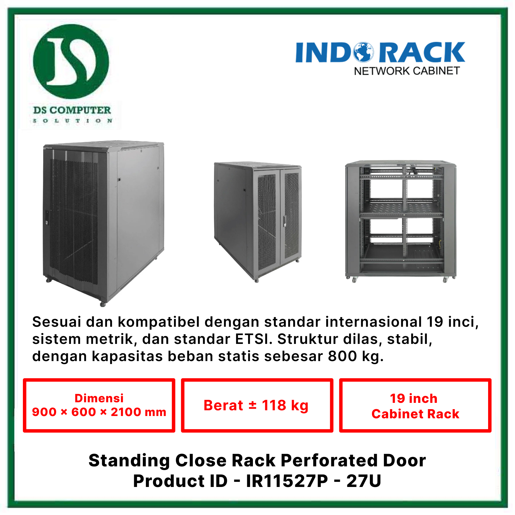 IR11527P Indorack Close Rack 27U Depth 1150mm - Include Accessories