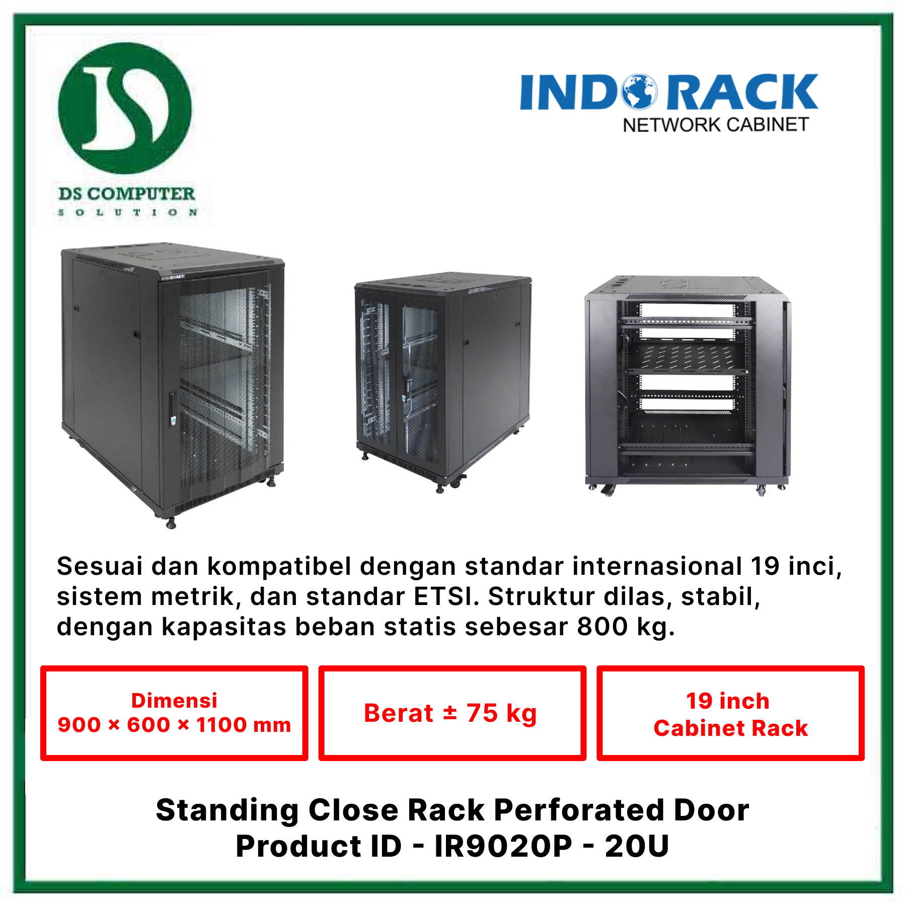 IR9020P Indorack Close Rack 20U Depth 900mm - Include Accessories