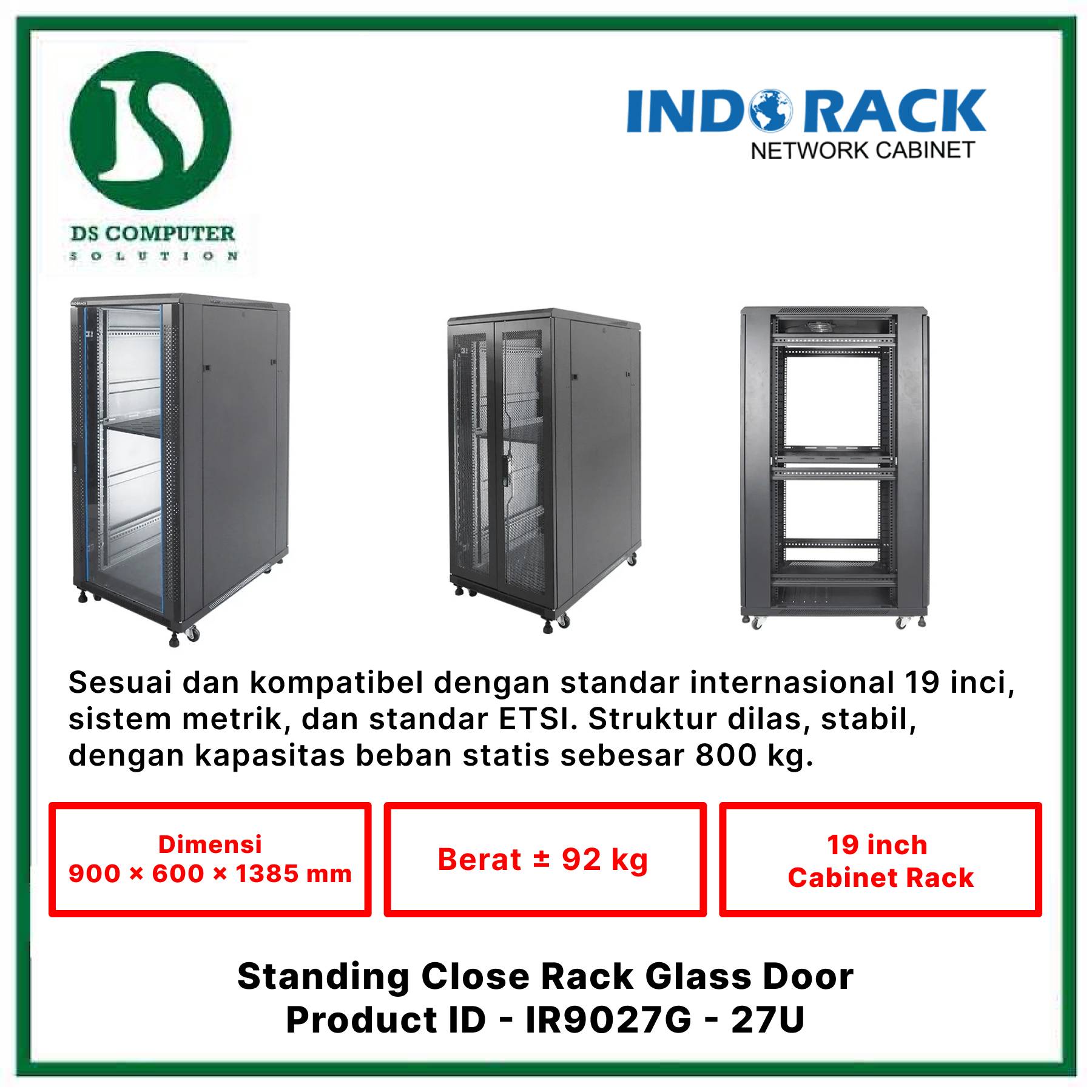 IR9027G Indorack Close Rack 27U Depth 900mm - Include Accessories