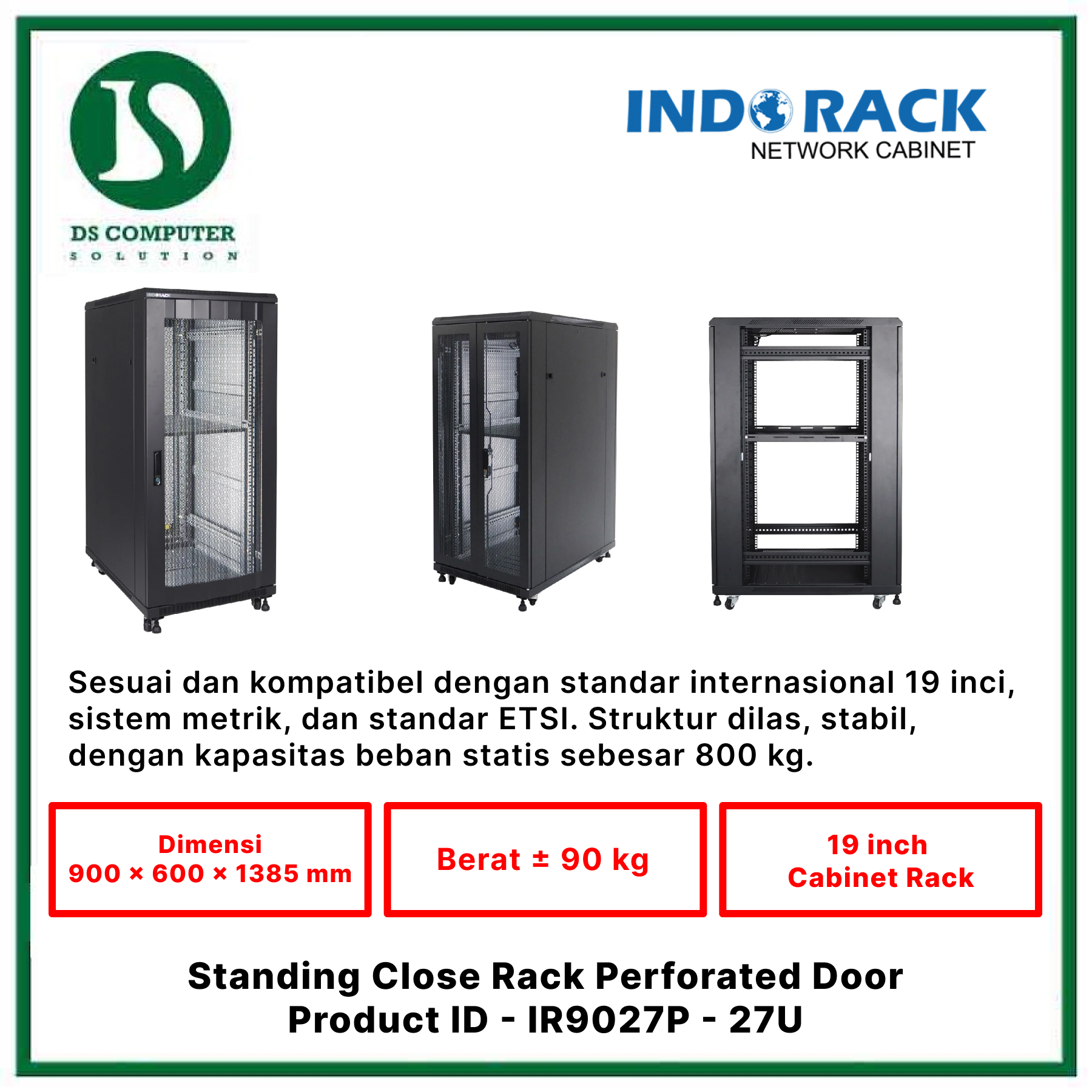 IR9027P Indorack Close Rack 27U Depth 900mm - Include Accessories