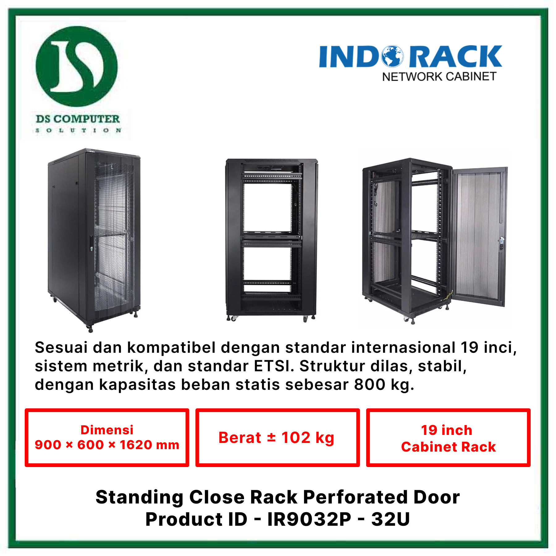 IR9032P Indorack Close Rack 32U Depth 900mm - Include Accessories