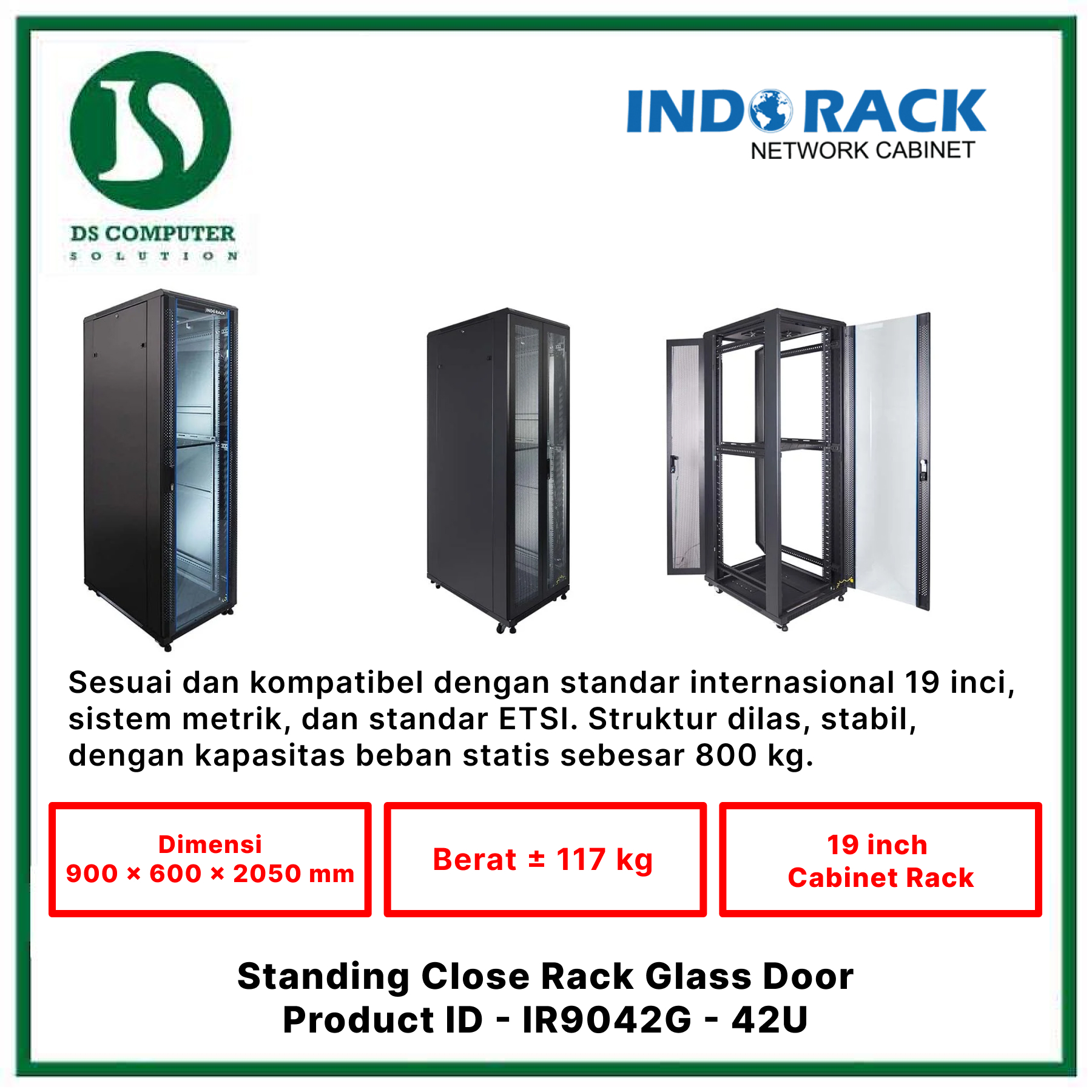 IR9042G Indorack Close Rack 42U Depth 900mm - Include Accessories
