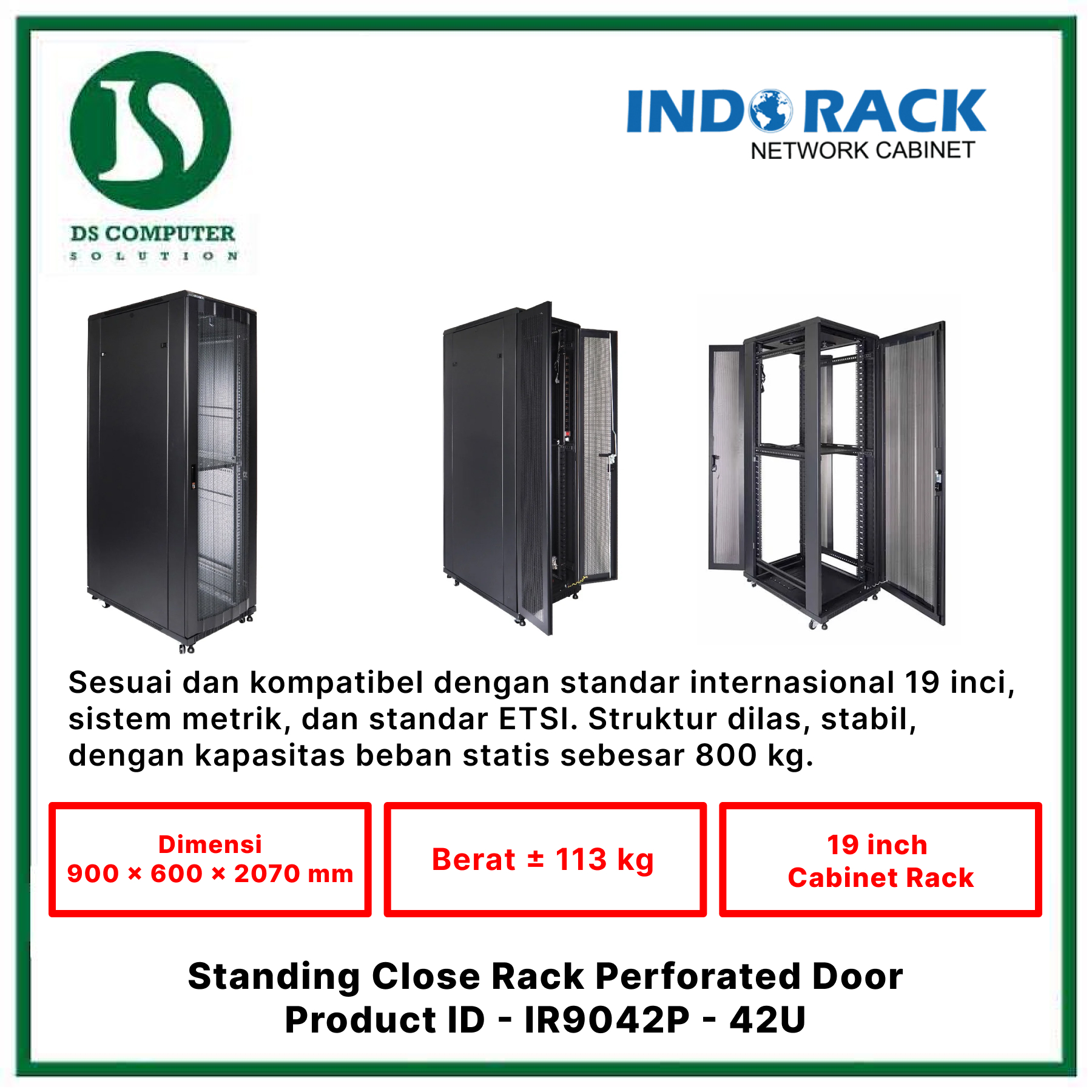IR9042P Indorack Close Rack 42U Depth 900mm - Include Accessories