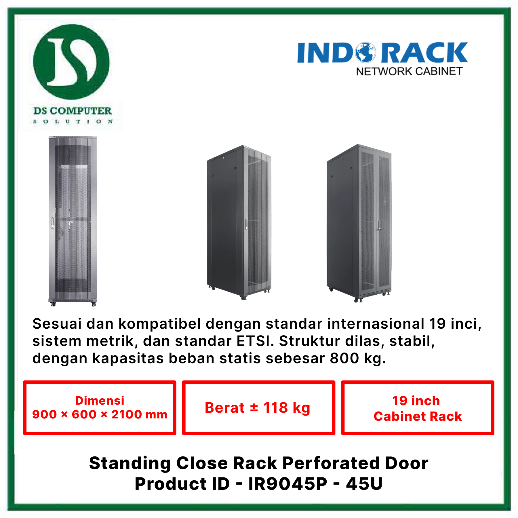 IR9045P Indorack Close Rack 45U Depth 900mm - Include Accessories