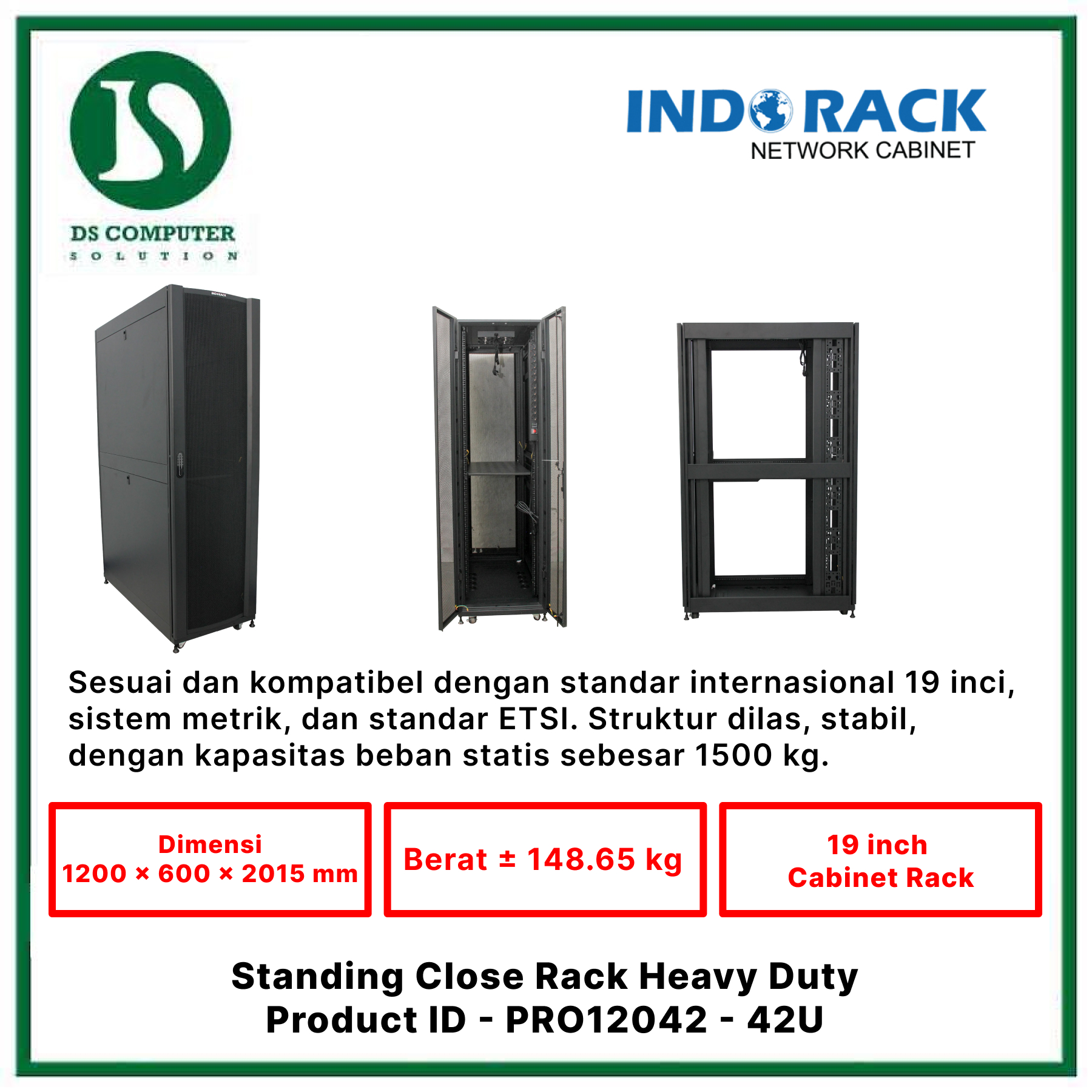 PRO12042 Indorack Close Rack 42U Depth 1200mm - Include Accessories