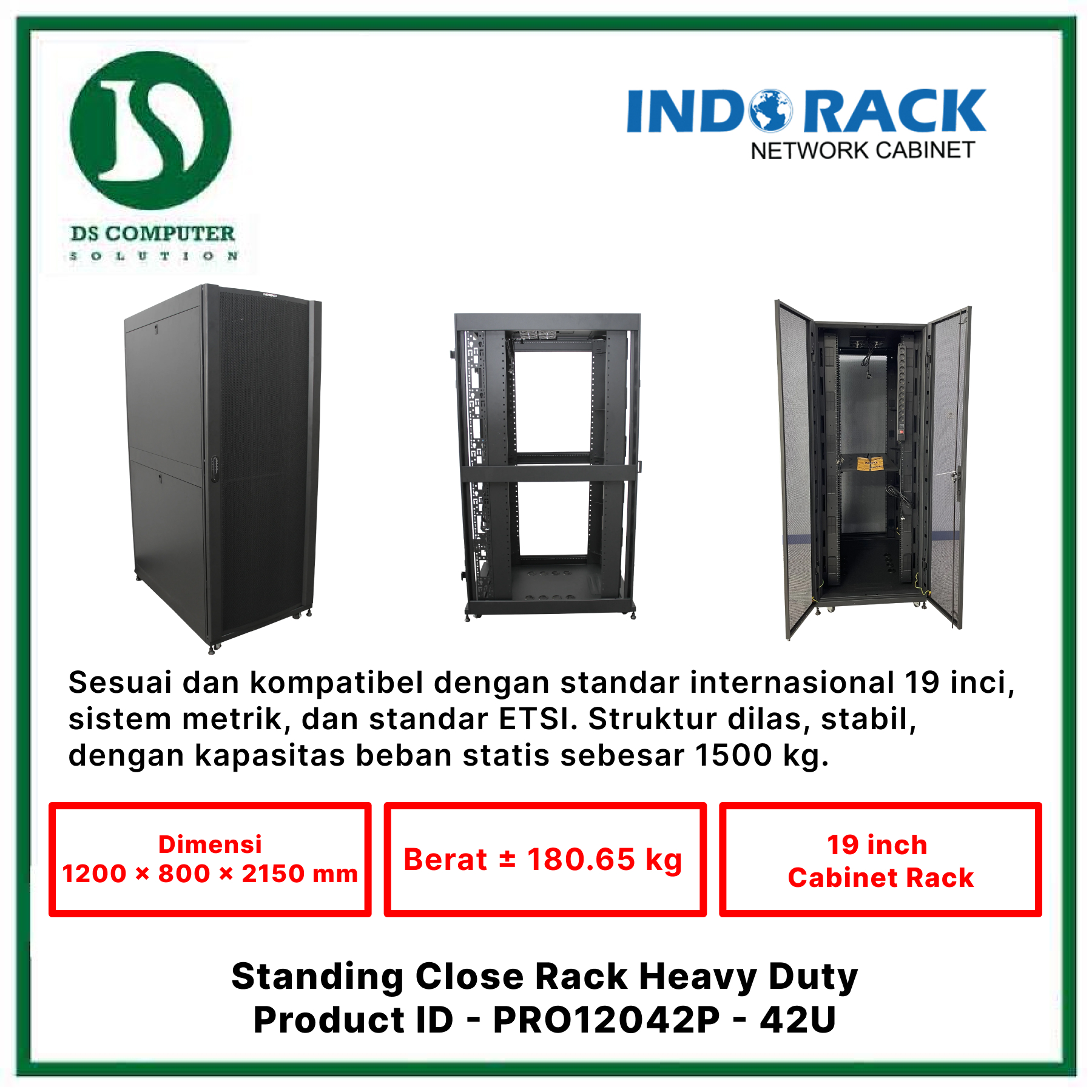 PRO12042P Indorack Close Rack 42U Depth 1200mm - Include Accessories