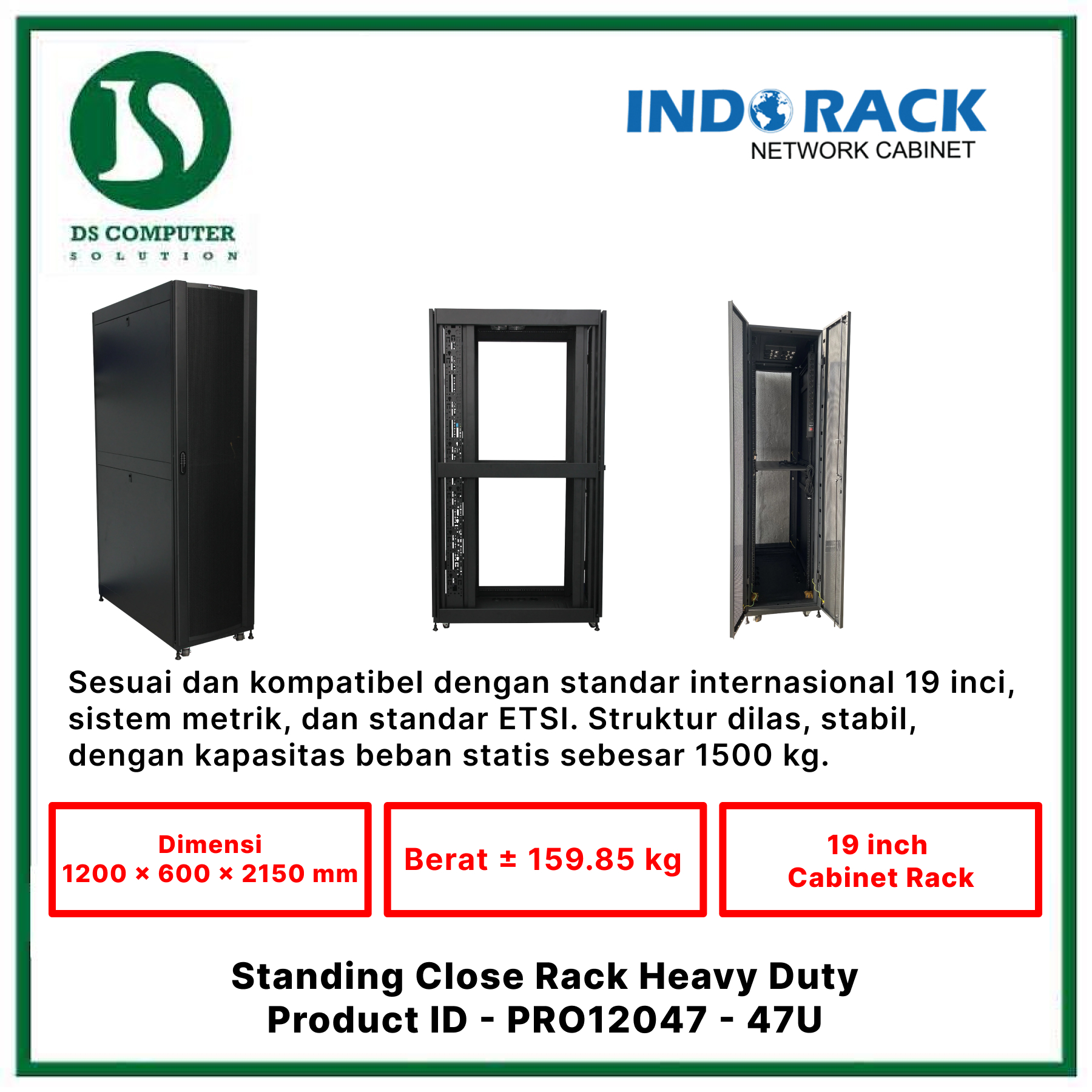 PRO12047 Indorack Close Rack 45U Depth 1200mm - Include Accessories