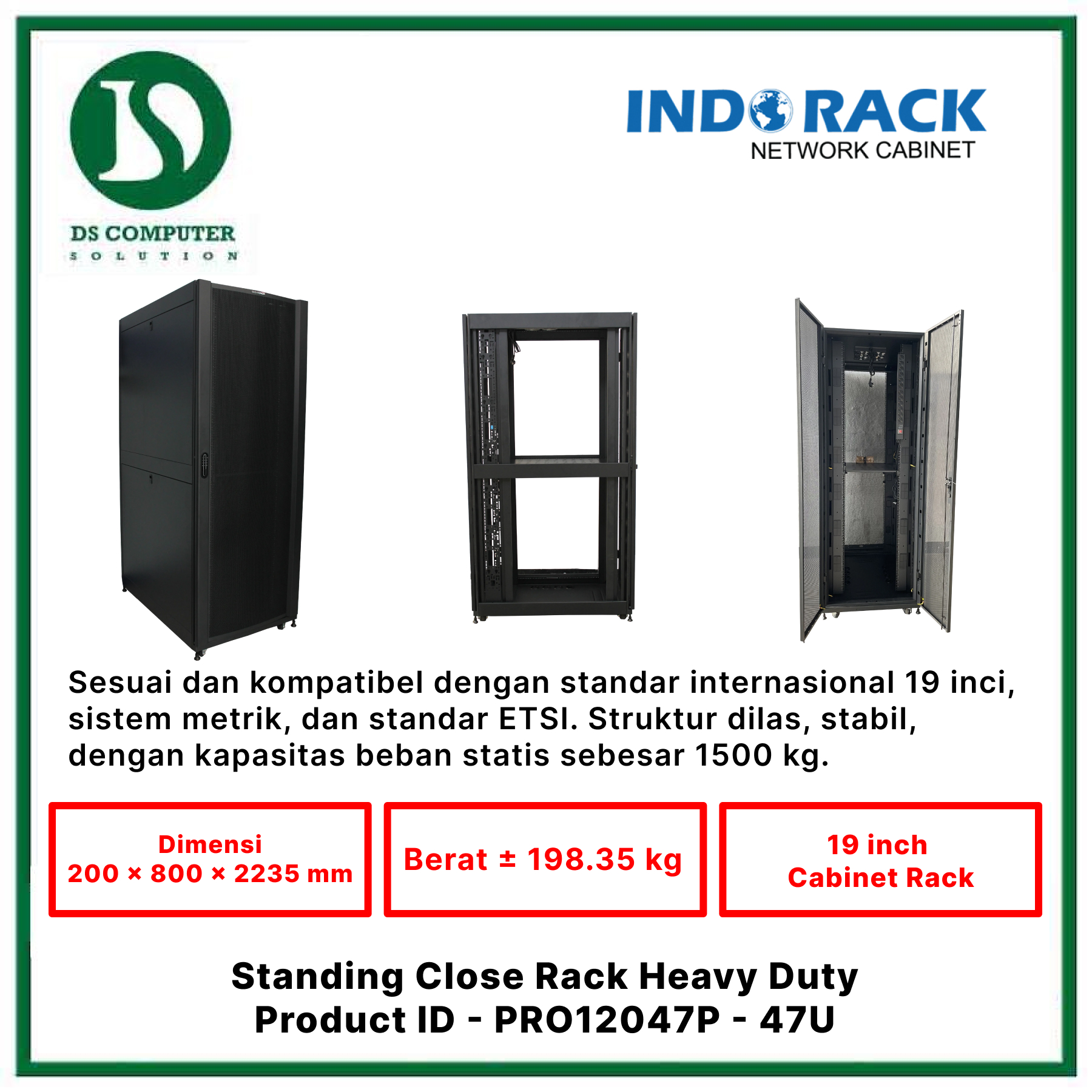 PRO12047P Indorack Close Rack 47U Depth 1200mm - Include Accessories