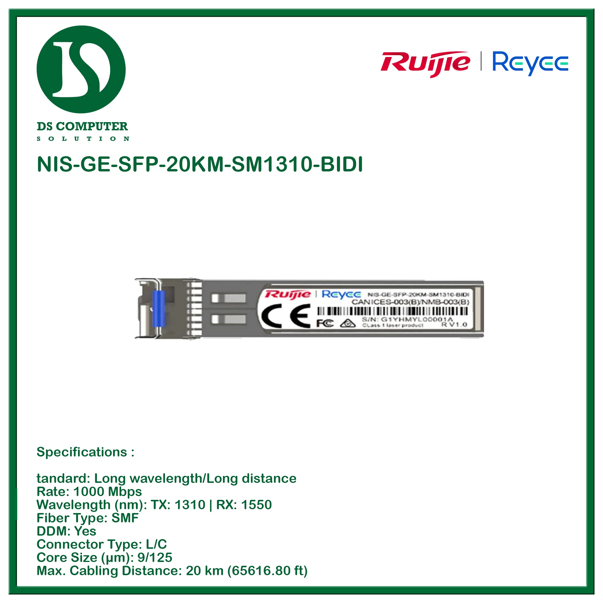 Ruijie NIS-GE-SFP-20KM-SM1310-BIDI
