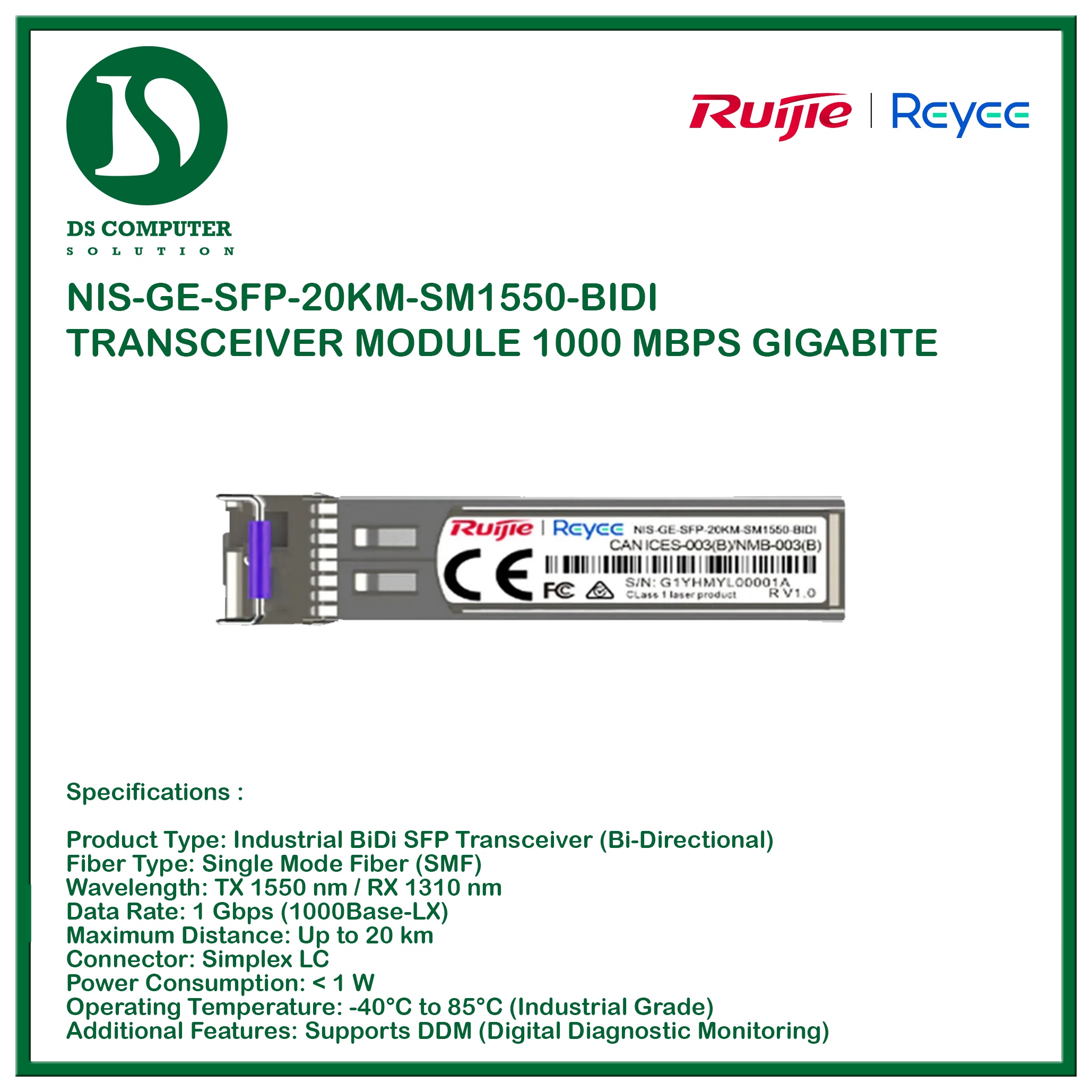 Ruijie NIS-GE-SFP-20KM-SM1550-BIDI