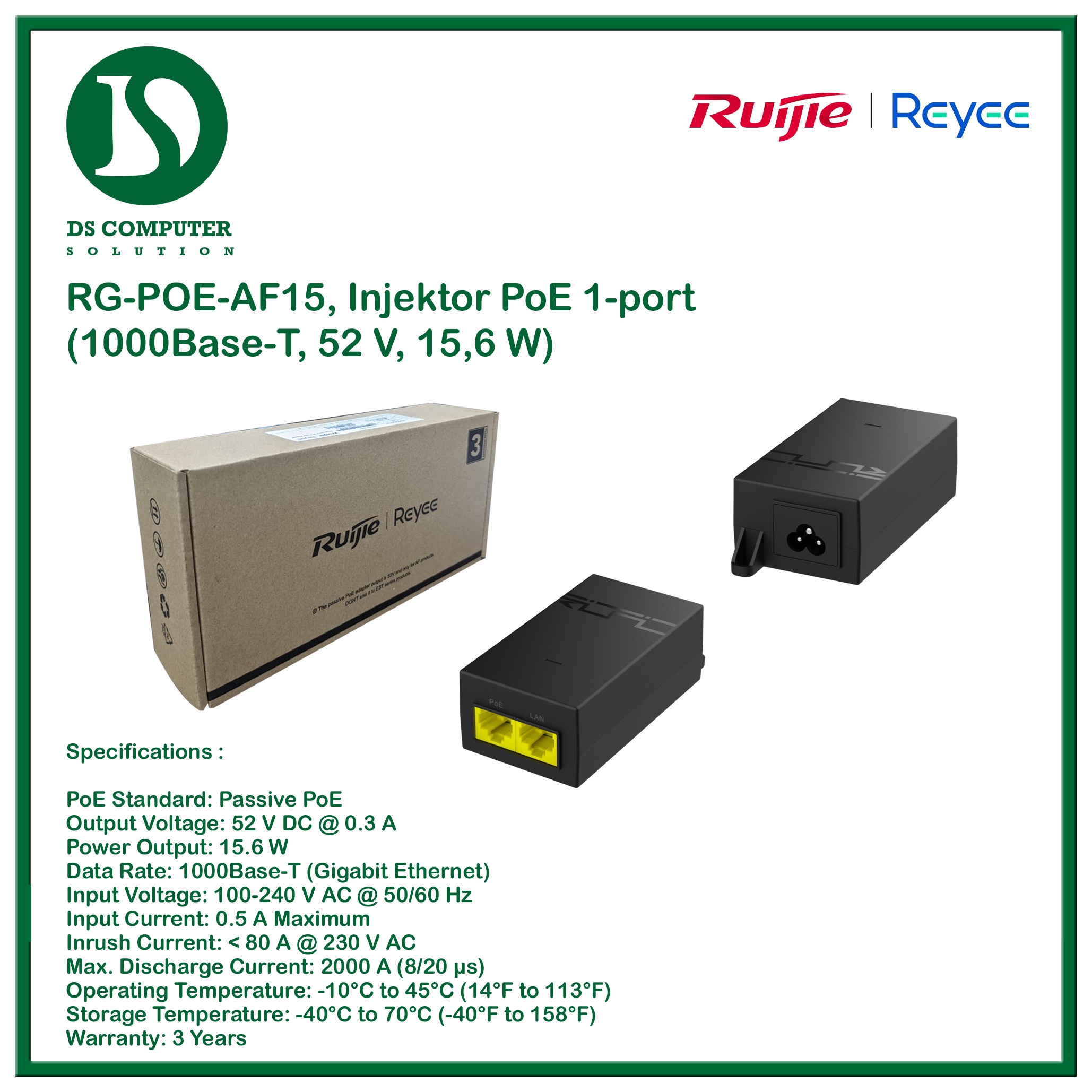 Ruijie RG-POE-AF15, Adaptor PoE 1-port (1000Base-T, 52 V, 15,6 W)