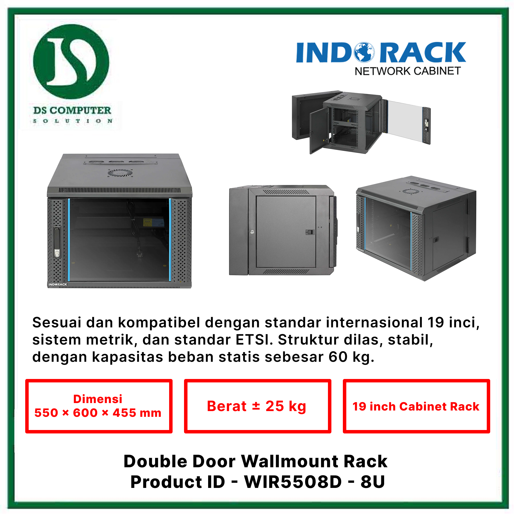 WIR5508D Indorack Wallmount 8U Depth 550mm - Include Accessories