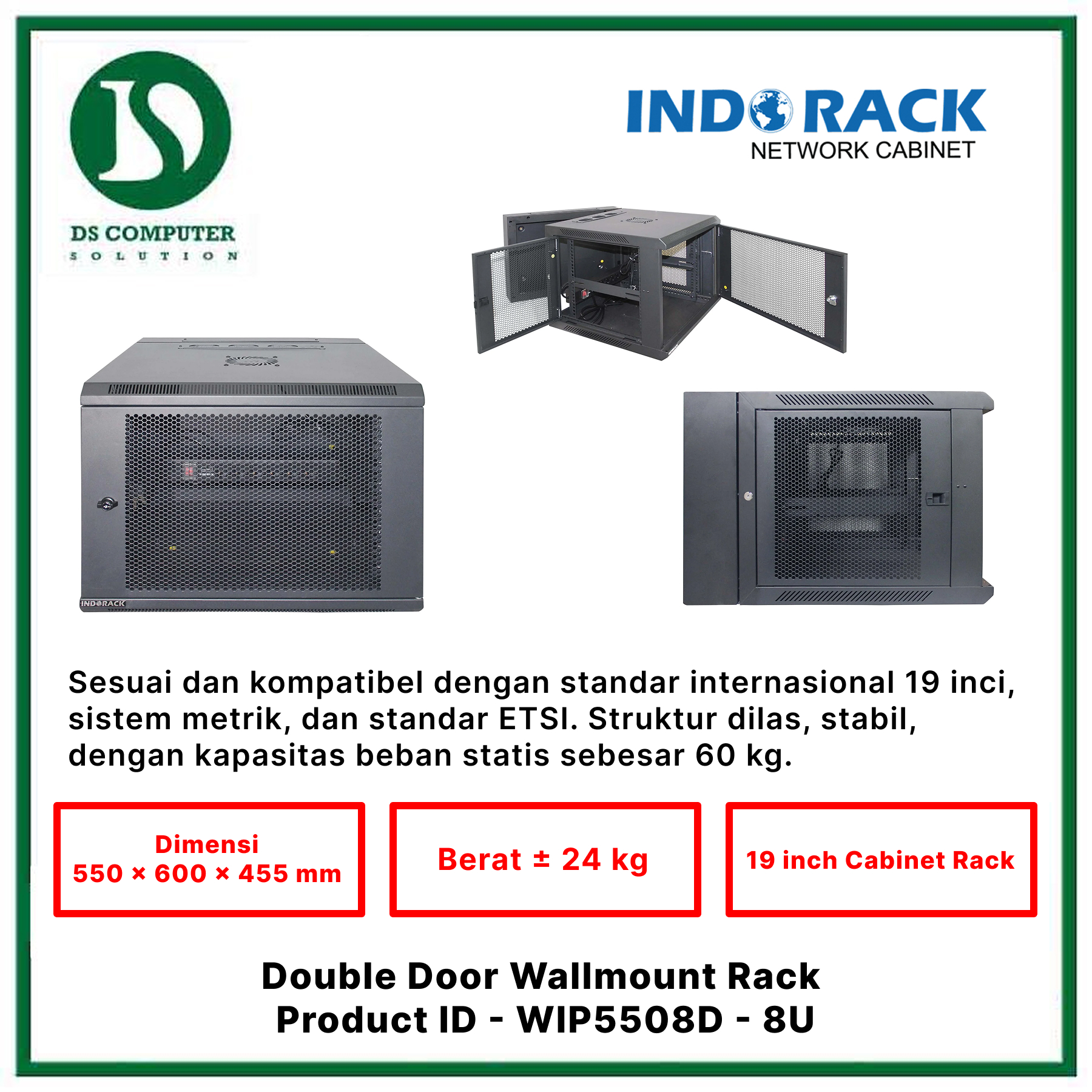 WIP5508D Indorack Wallmount 8U Depth 550mm - Include Accessories