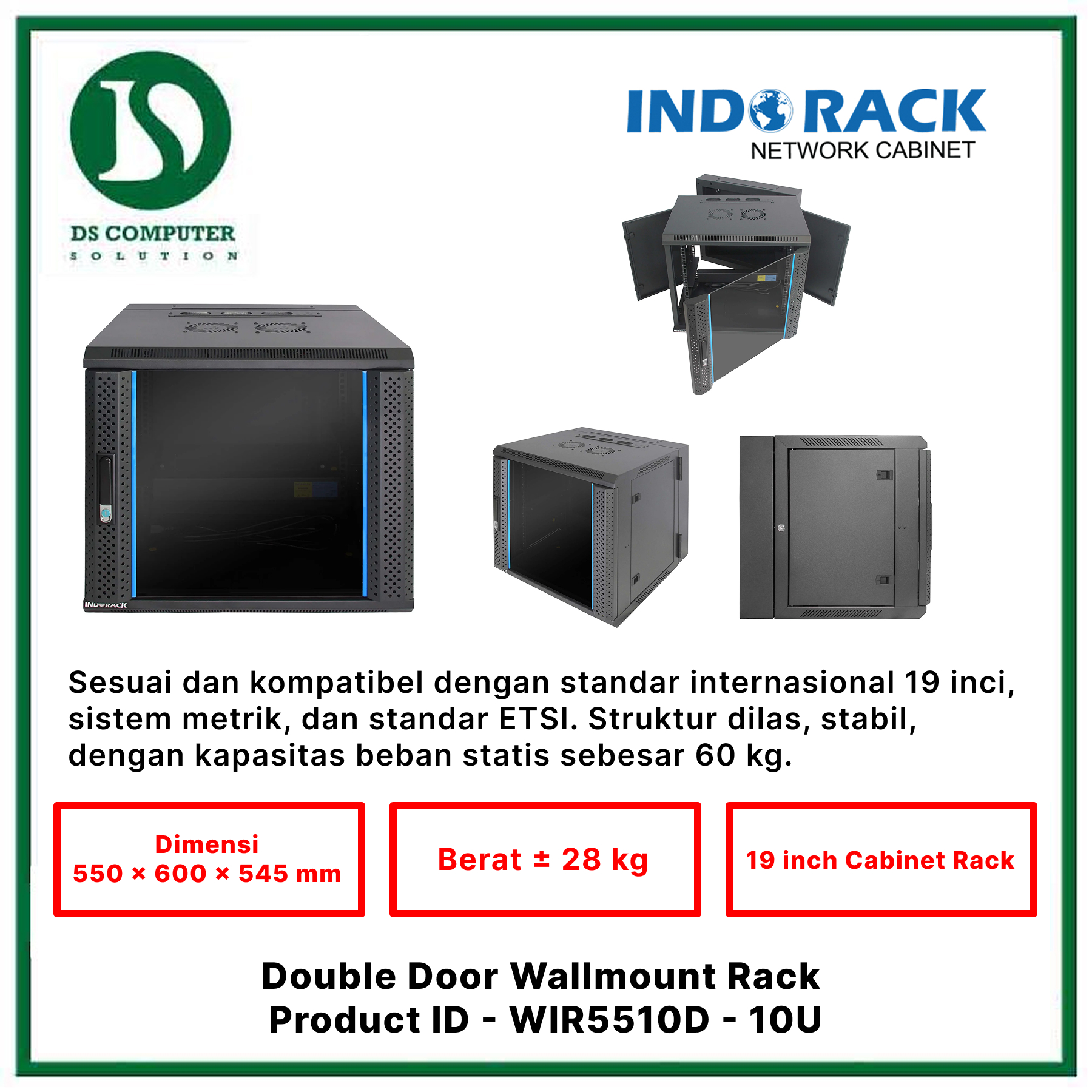 WIR5510D Indorack Wallmount 10U Depth 550mm - Include Accessories