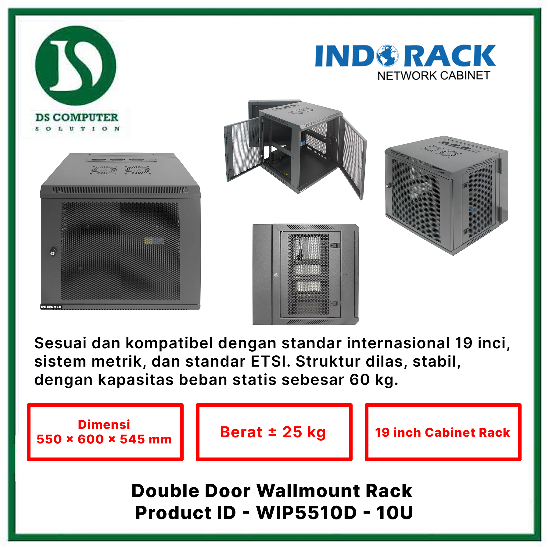 WIP5510D Indorack Wallmount 10U Depth 550mm - Include Accessories