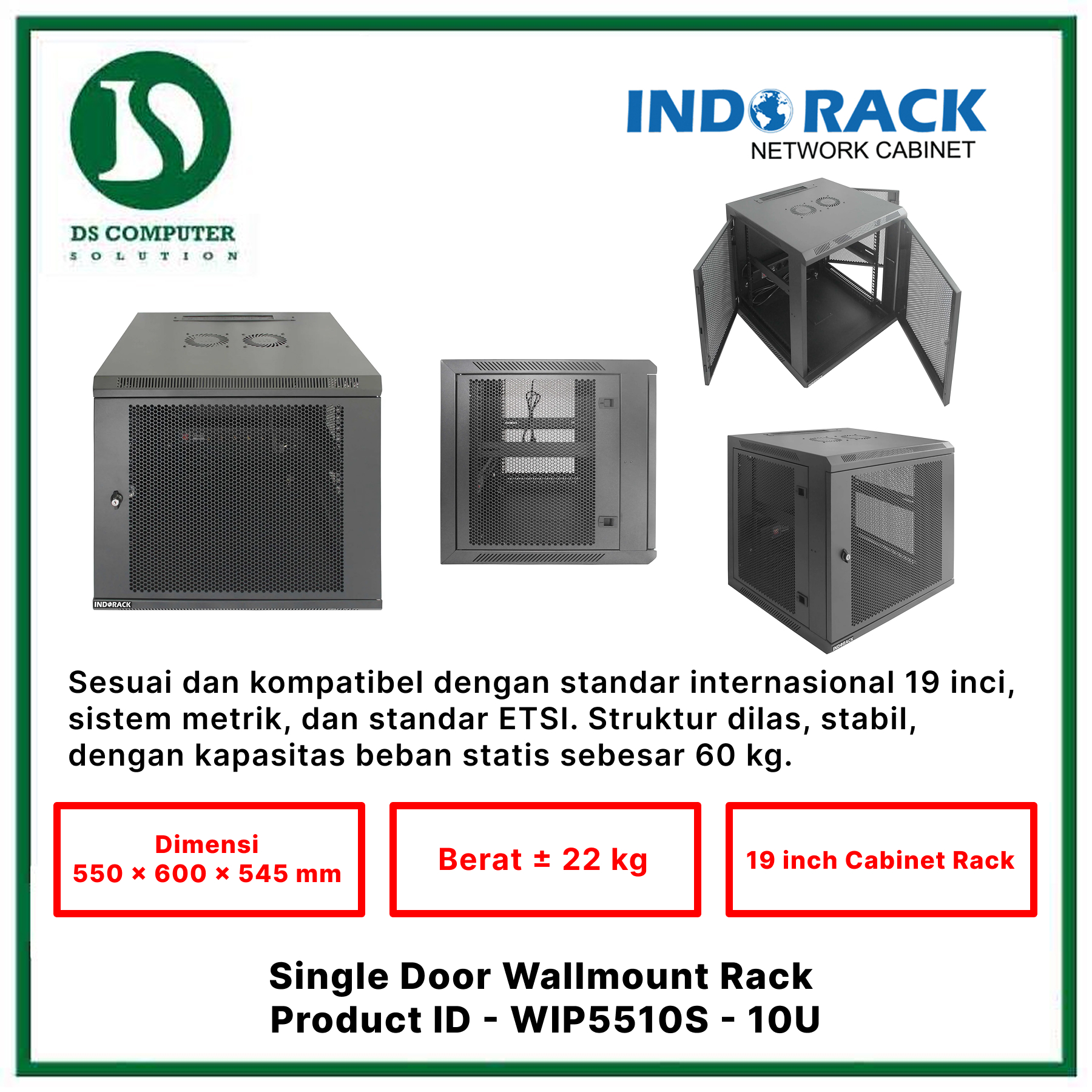 WIP5510S Indorack Wallmount 10U Depth 550mm - Include Accessories