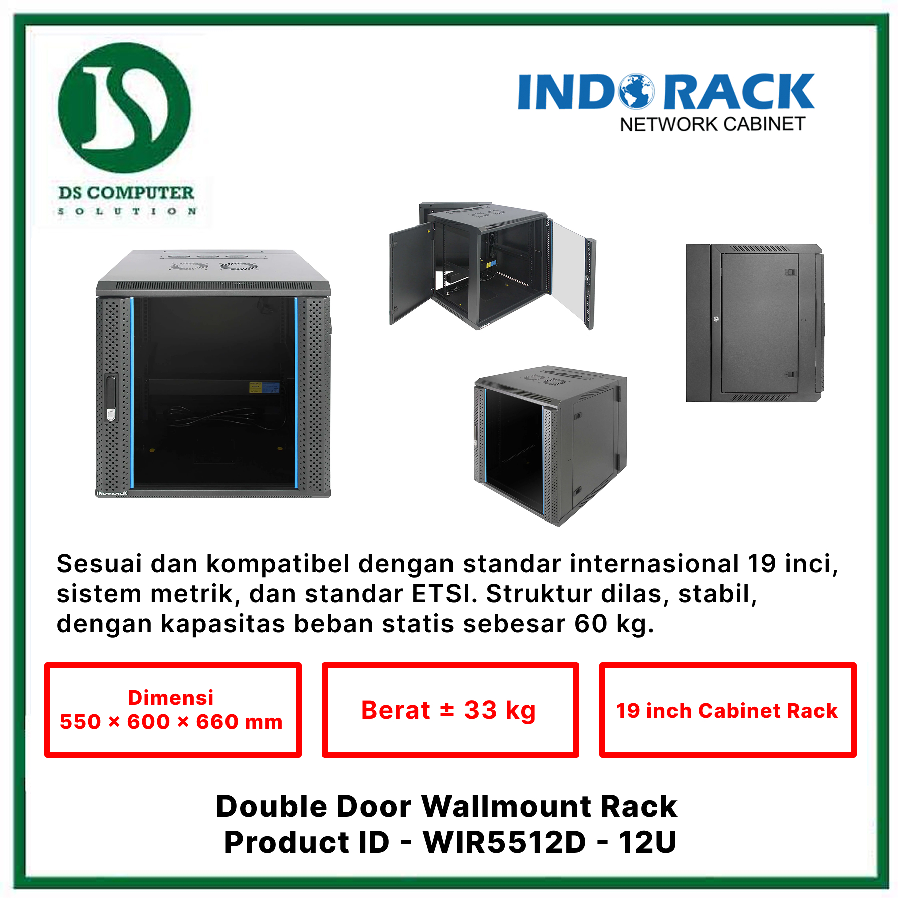 WIR5512D Indorack Wallmount 12U Depth 550mm - Include Accessories