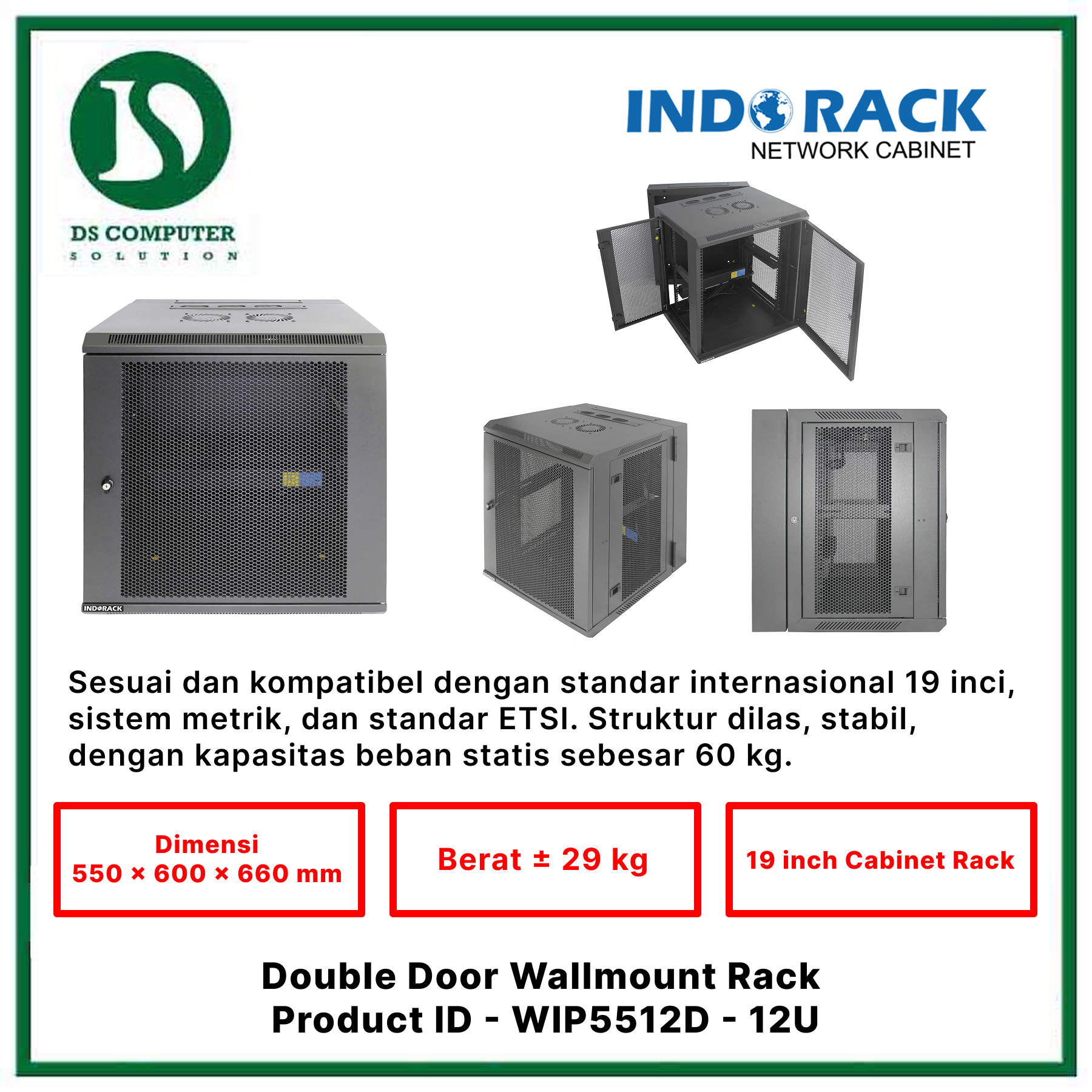 WIP5512D Indorack Wallmount 12U Depth 550mm - Include Accessories