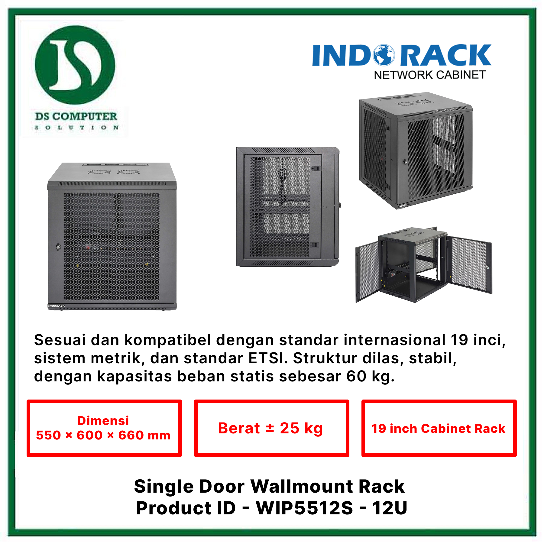 WIP5512S Indorack Wallmount 12U Depth 550mm - Include Accessories