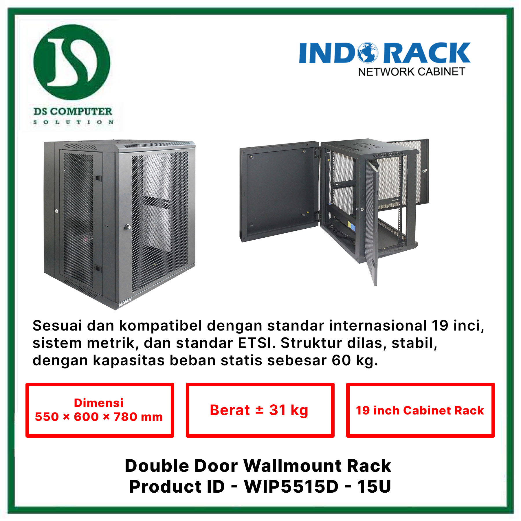 WIP5515D Indorack Wallmount 15U Depth 550mm - Include Accessories