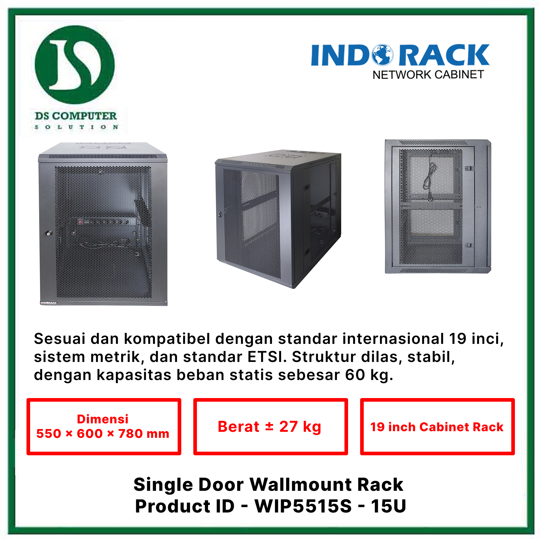 WIP5515S Indorack Wallmount 15U Depth 550mm - Include Accessories