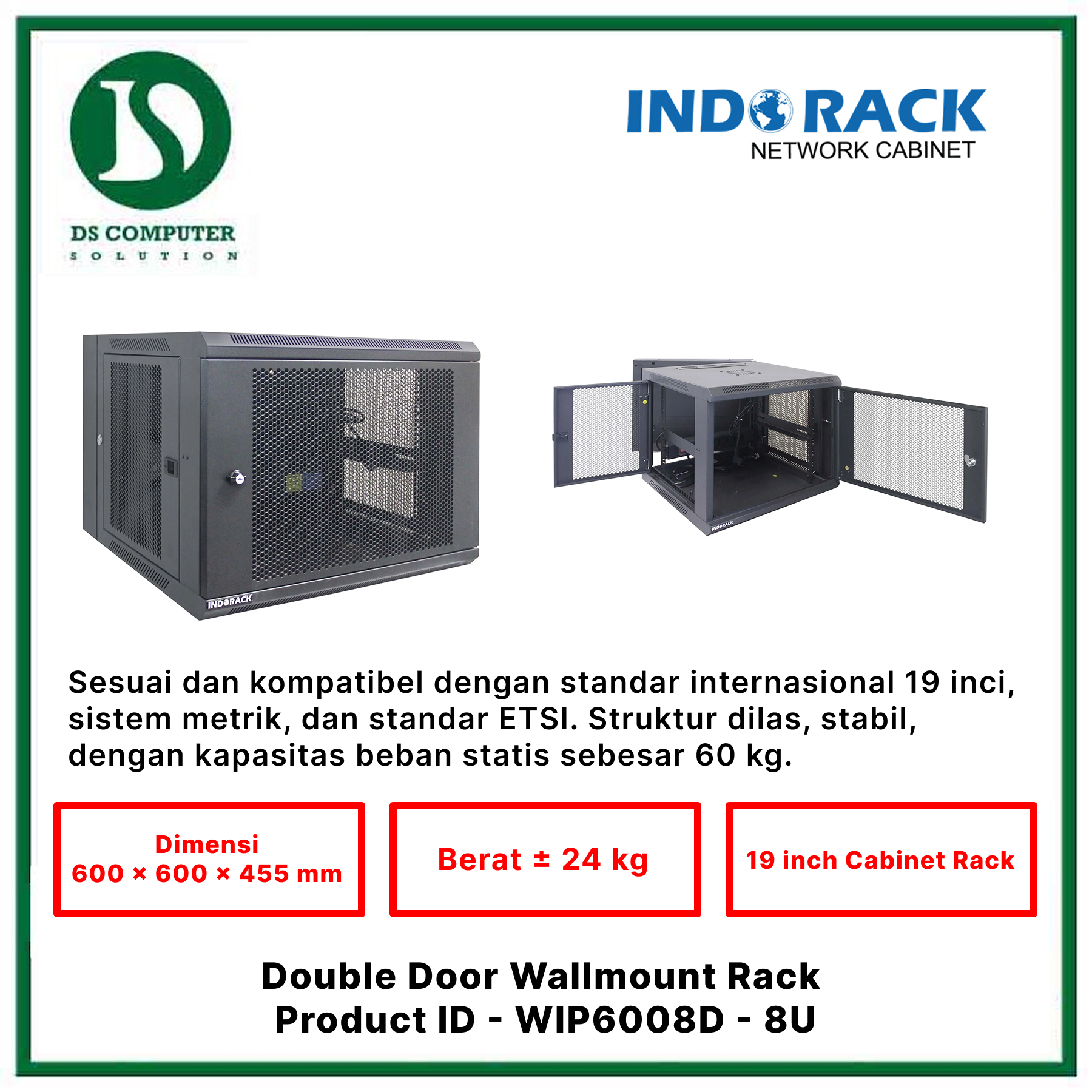 WIP6008D Indorack Wallmount 8U Depth 600mm - Include Accessories