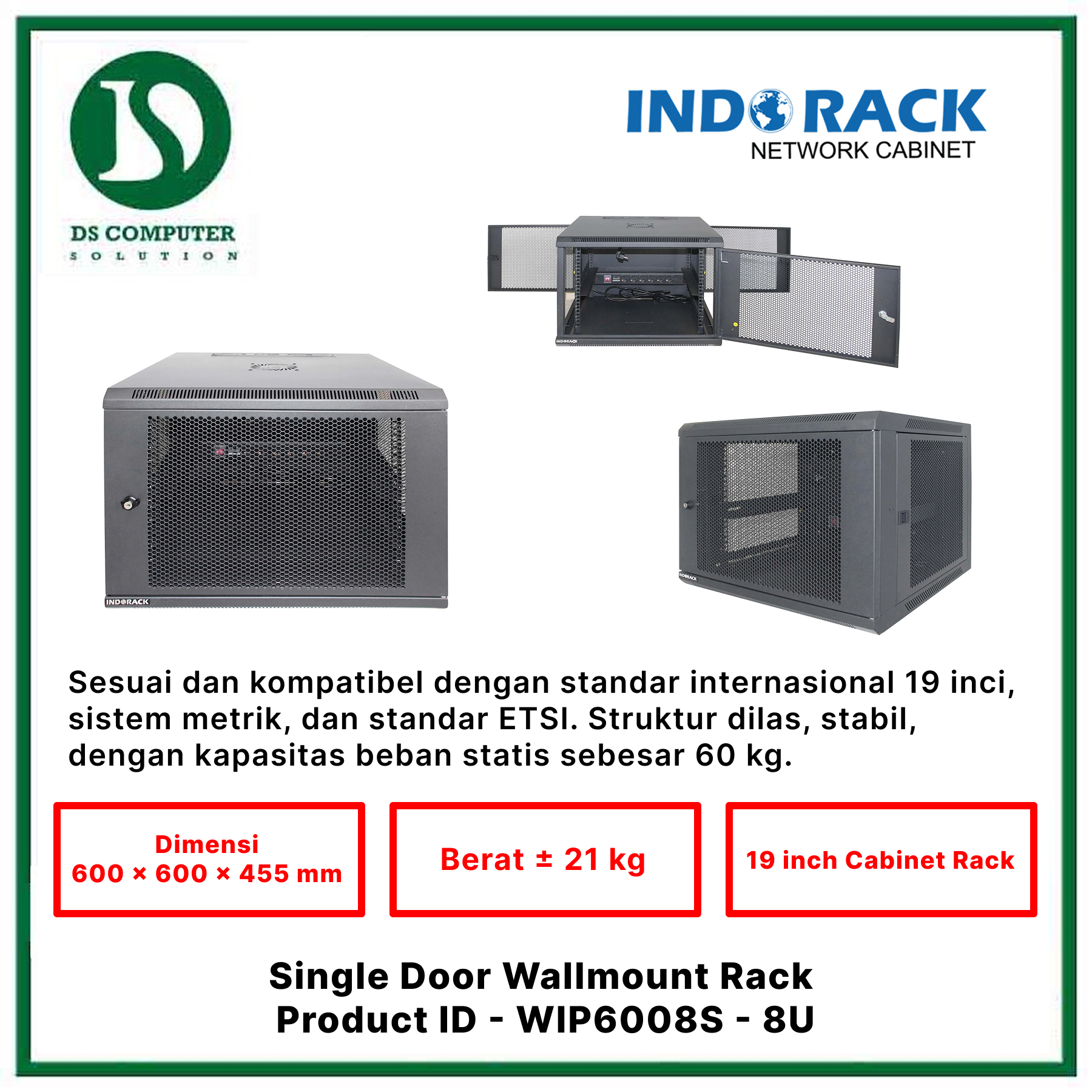 WIP6008S Indorack Wallmount 8U Depth 600mm - Include Accessories