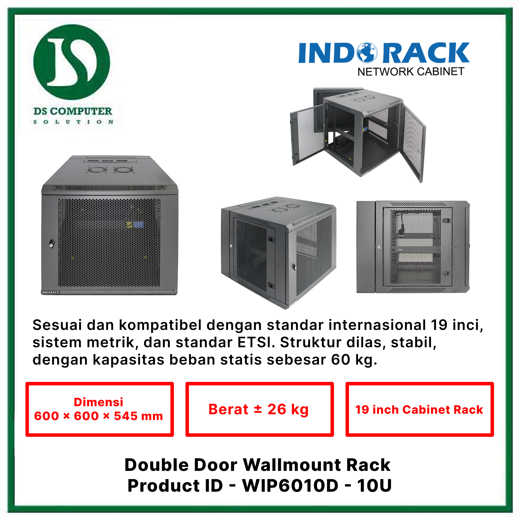 WIP6010D Indorack Wallmount 10U Depth 600mm - Include Accessories