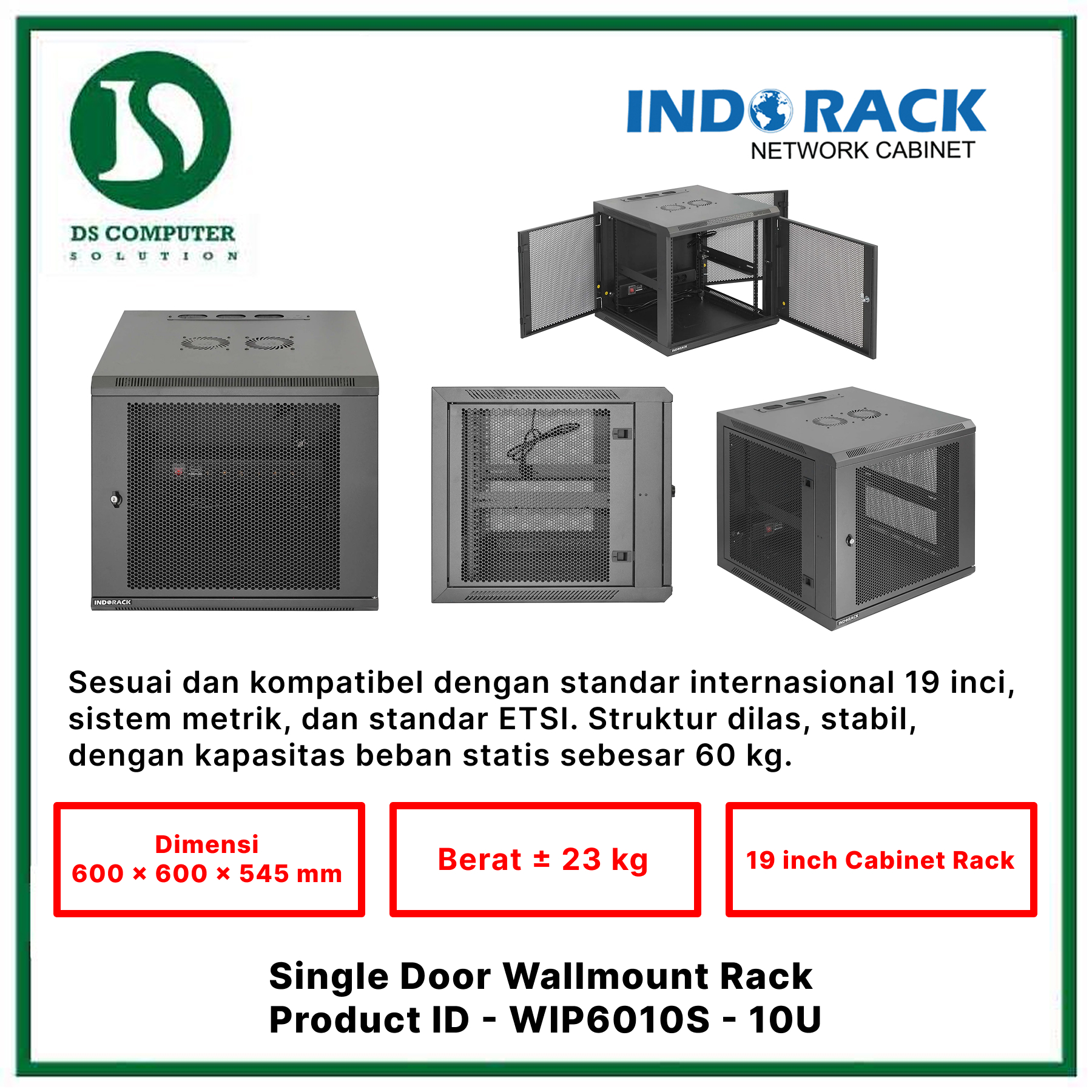 WIP6010S Indorack Wallmount 10U Depth 600mm - Include Accessories