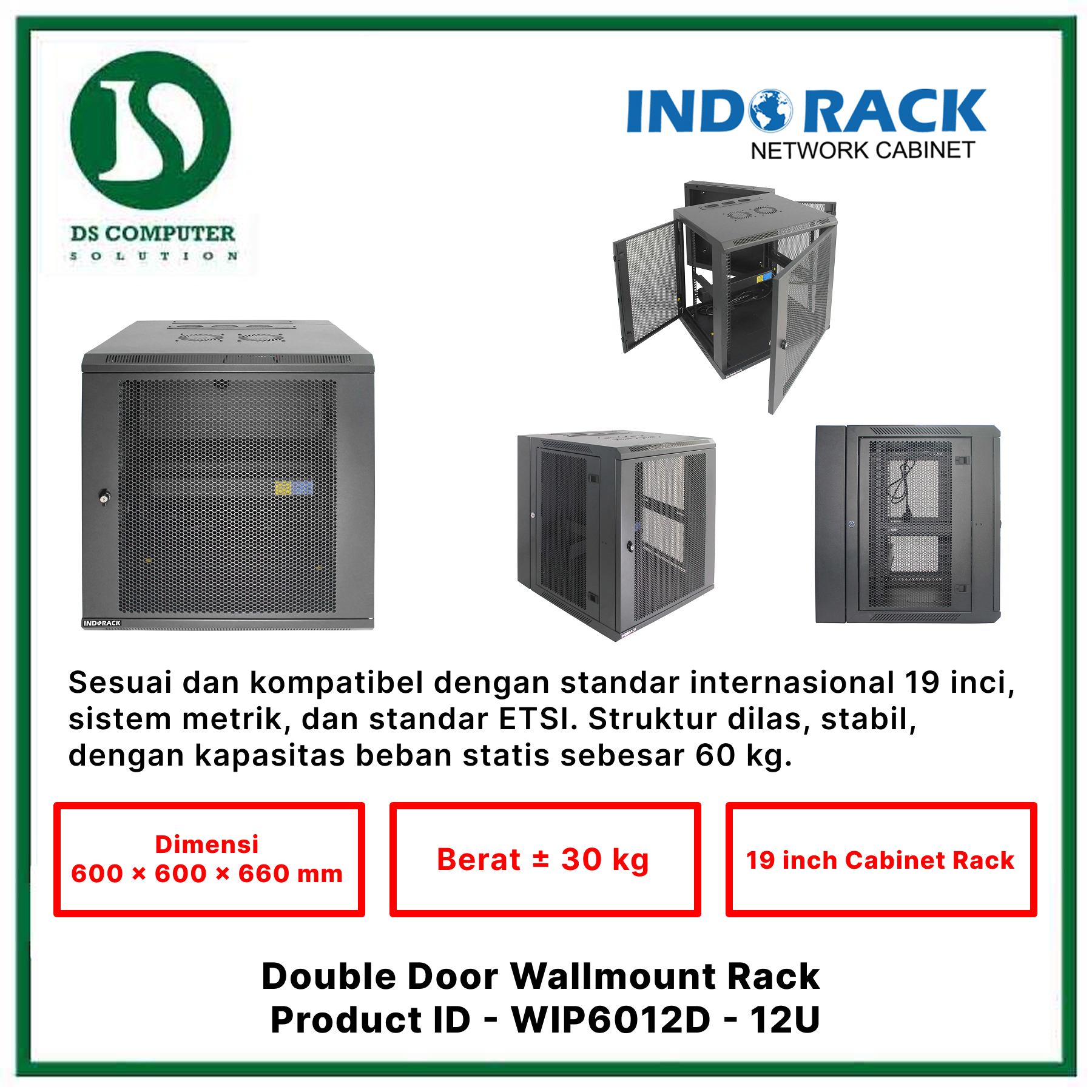 WIP6012D Indorack Wallmount 12U Depth 600mm - Include Accessories