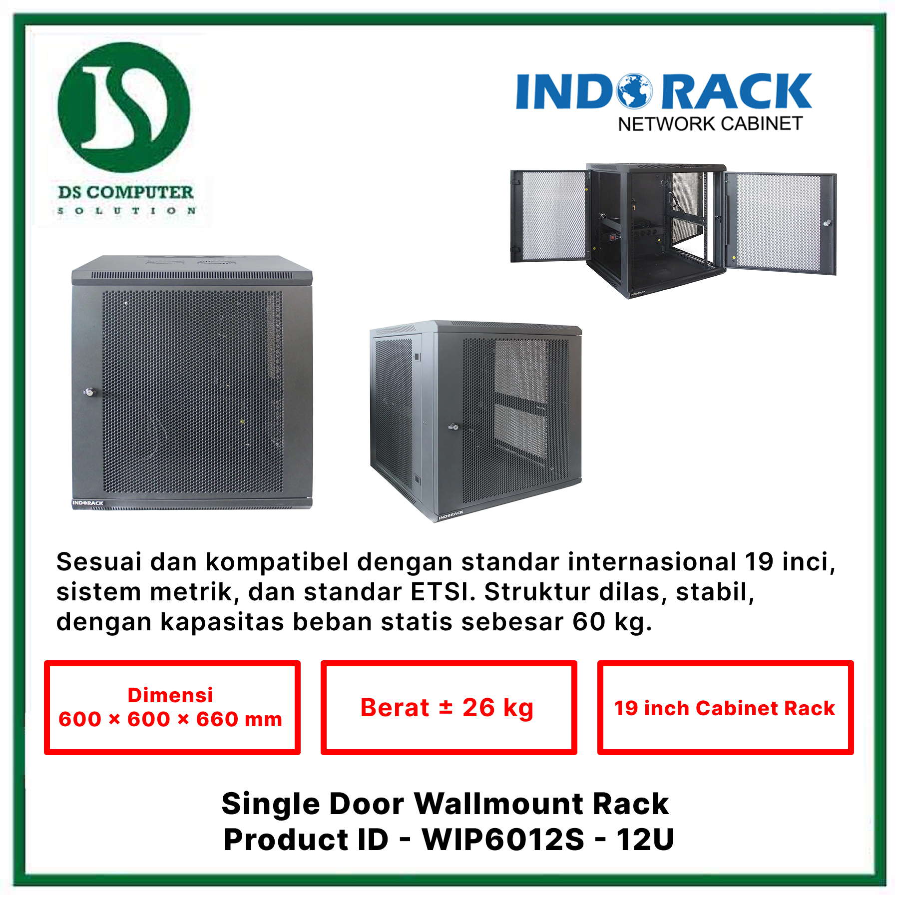 WIP6012S Indorack Wallmount 12U Depth 600mm - Include Accessories