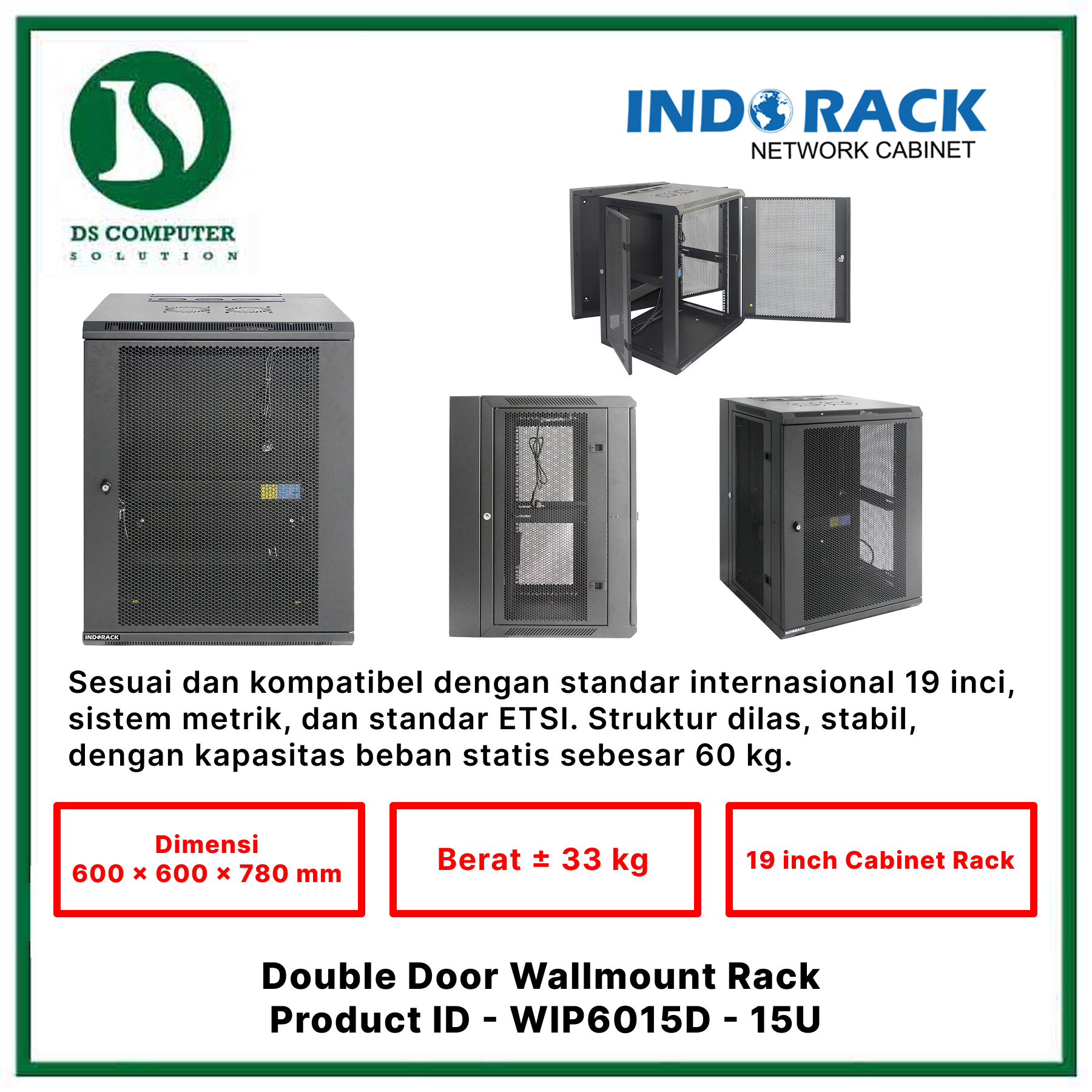 WIP6015D Indorack Wallmount 15U Depth 600mm - Include Accessories