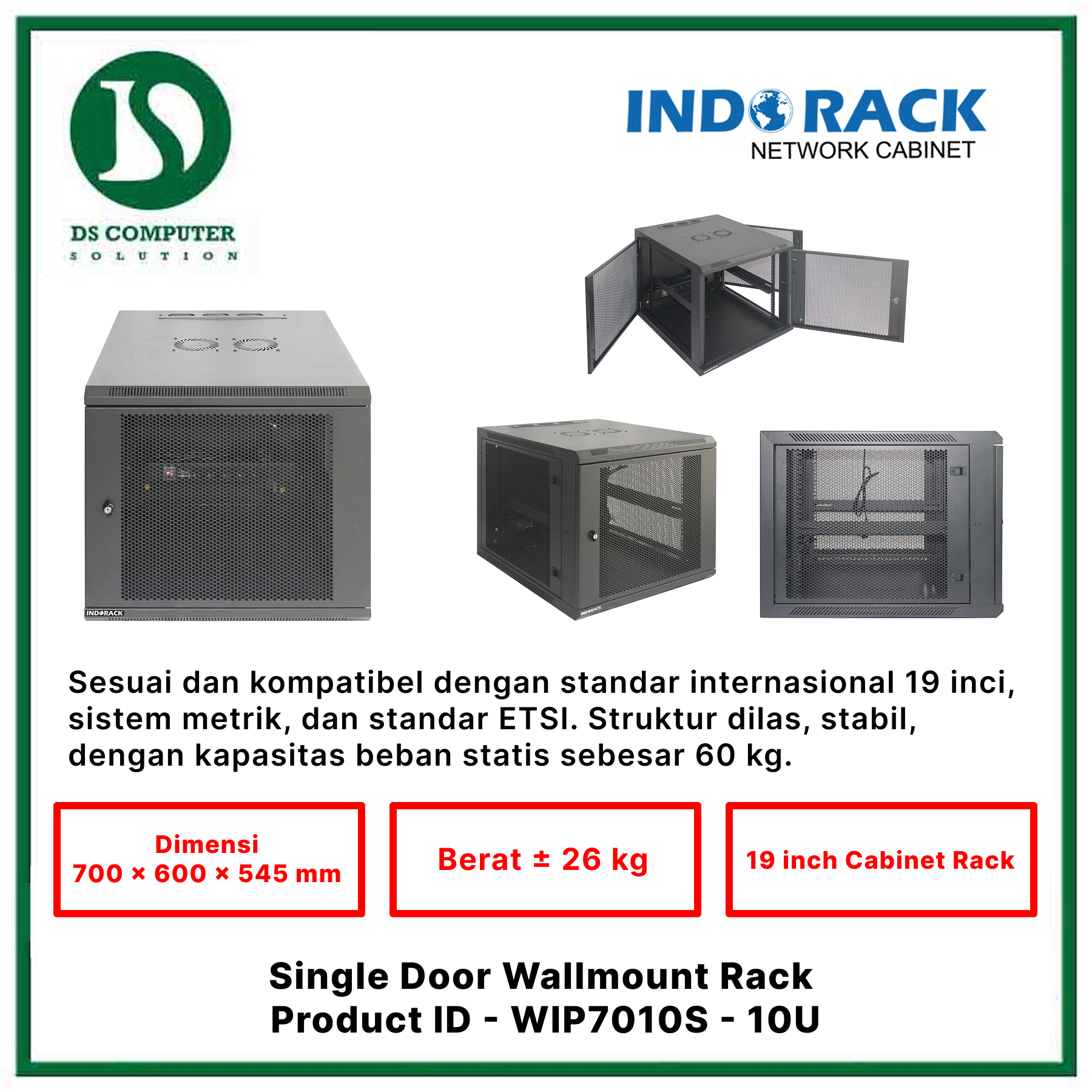 WIP7010S Indorack Wallmount 10U Depth 700mm - Include Accessories