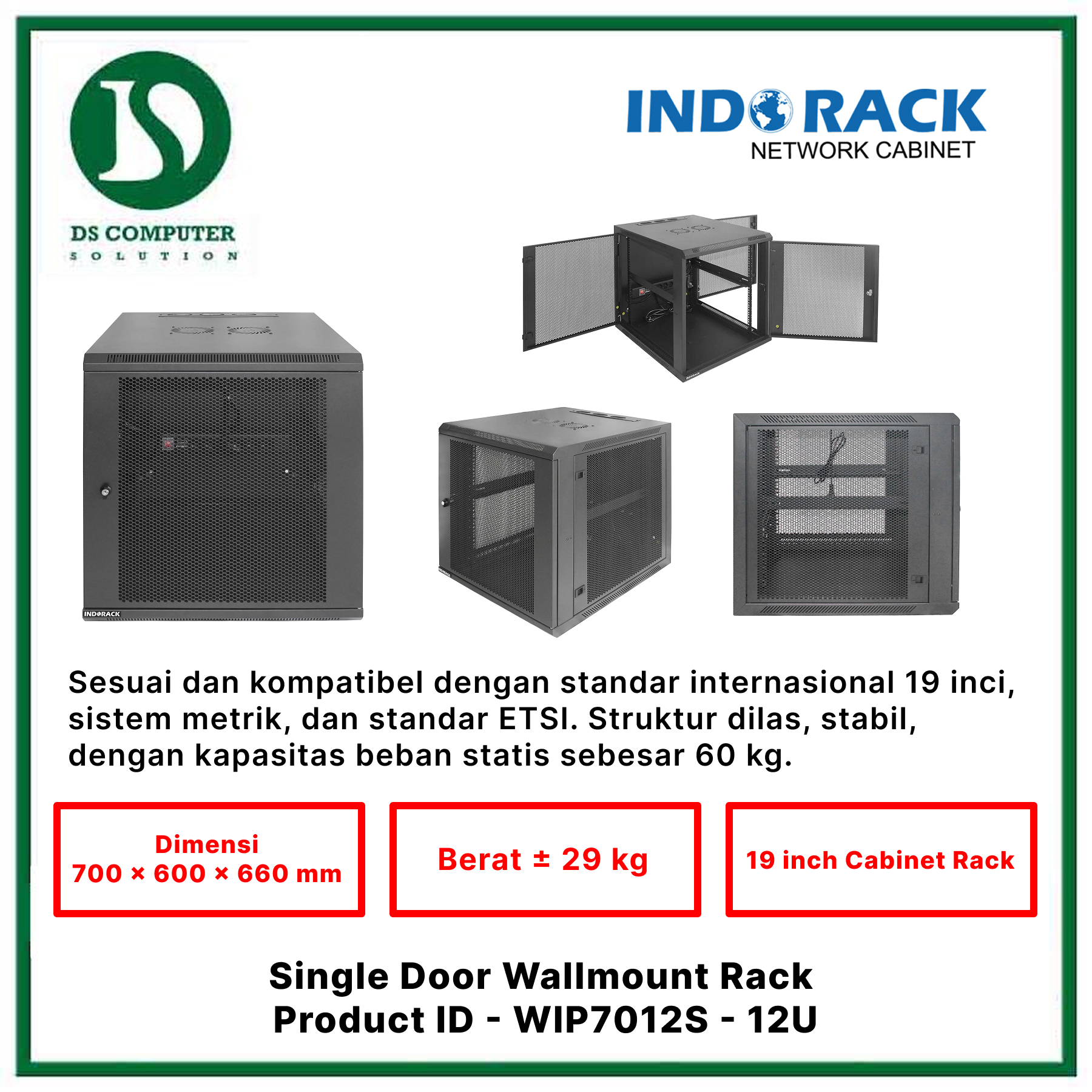 WIP7012S Indorack Wallmount 12U Depth 700mm - Include Accessories