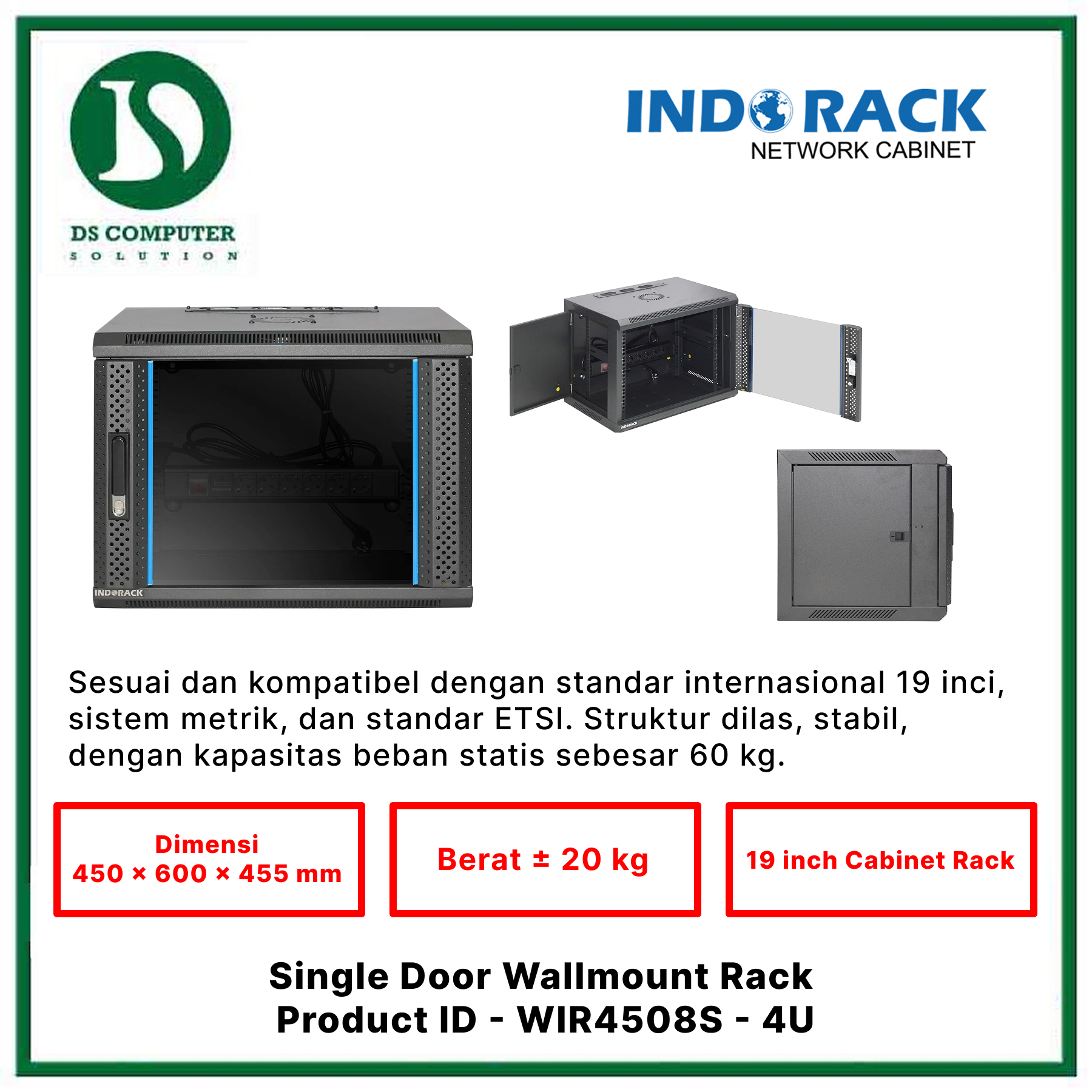 WIR4508S Indorack Wallmount 8U Depth 450mm - Include Accessories