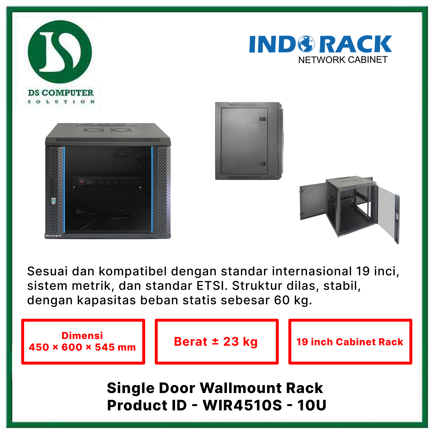 WIR4510S Indorack Wallmount 10U Depth 450mm - Include Accessories