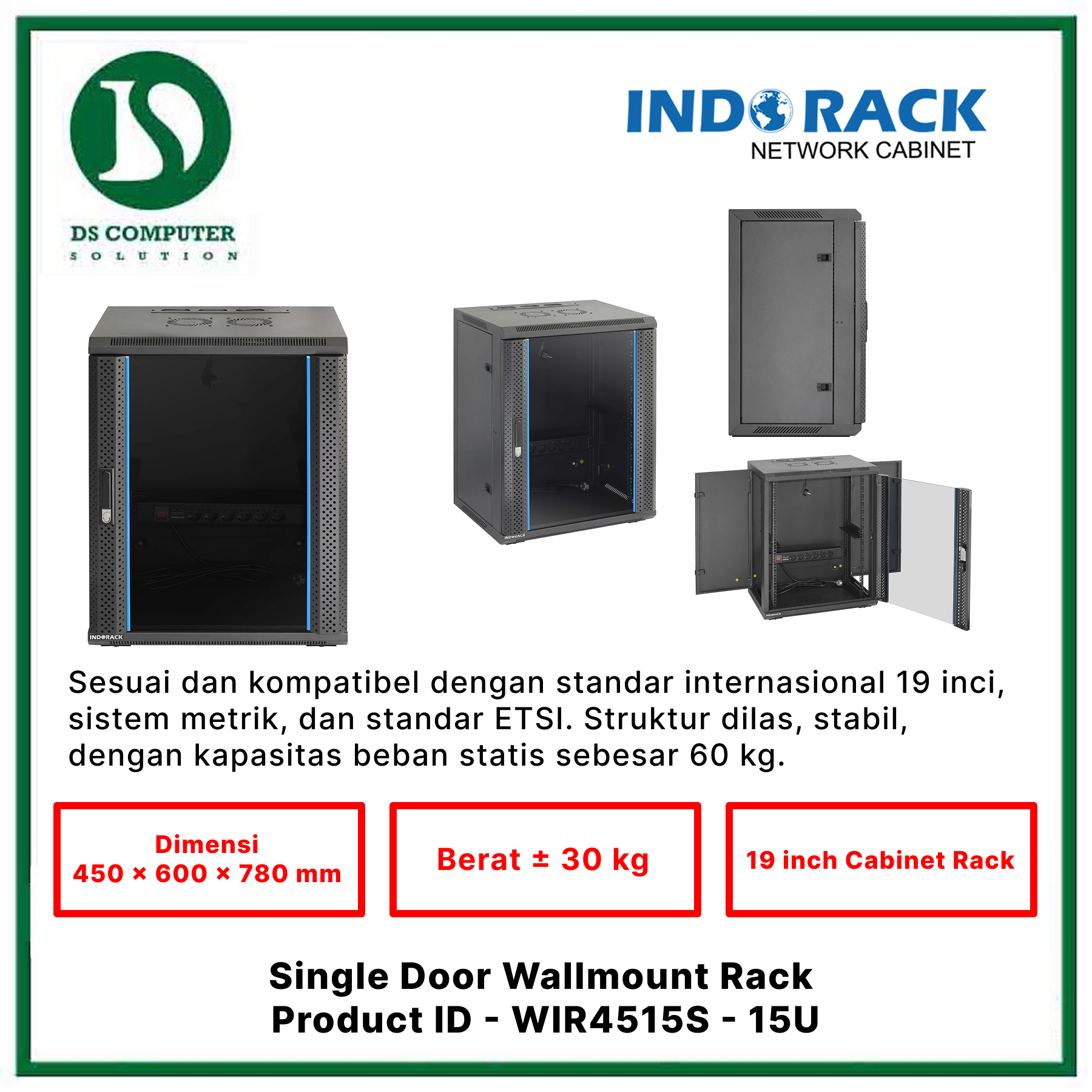 WIR4515S Indorack Wallmount 15U Depth 450mm - Include Accessories