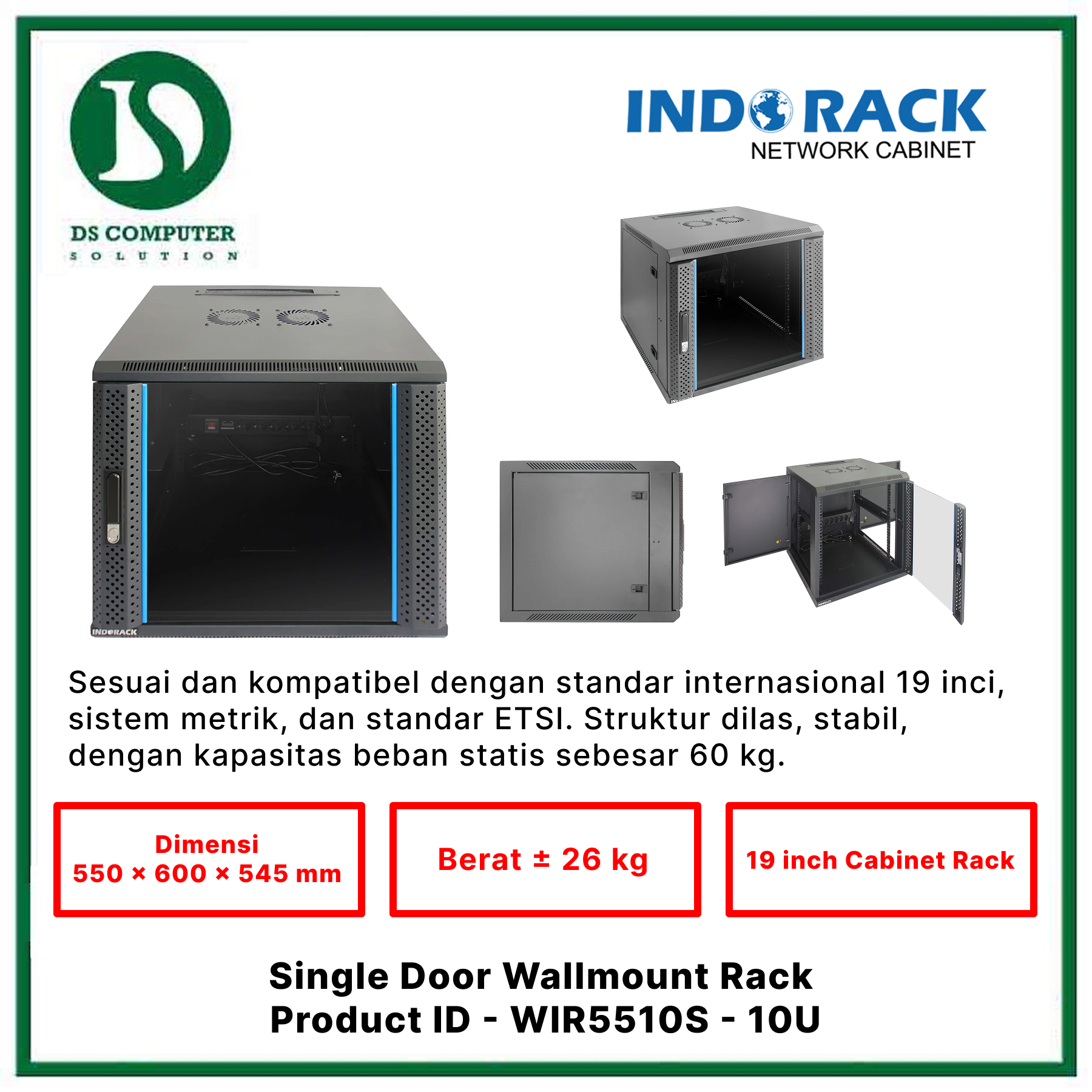 WIR5510S Indorack Wallmount 10U Depth 550mm - Include Accessories