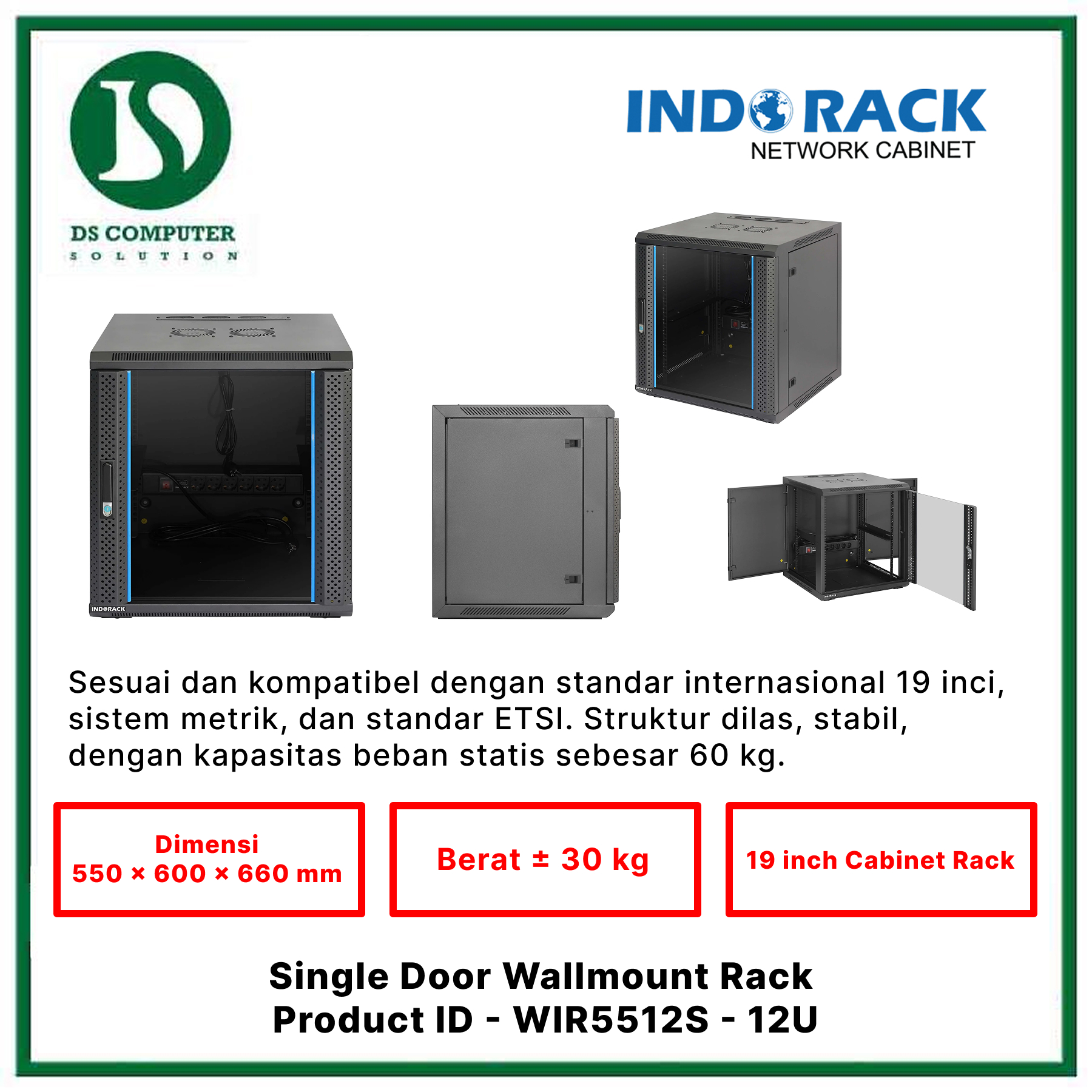 WIR5512S Indorack Wallmount 12U Depth 550mm - Include Accessories