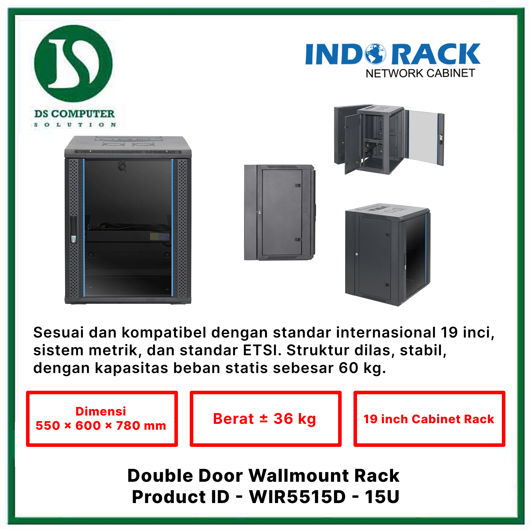 WIR5515D Indorack Wallmount 15U Depth 550mm - Include Accessories