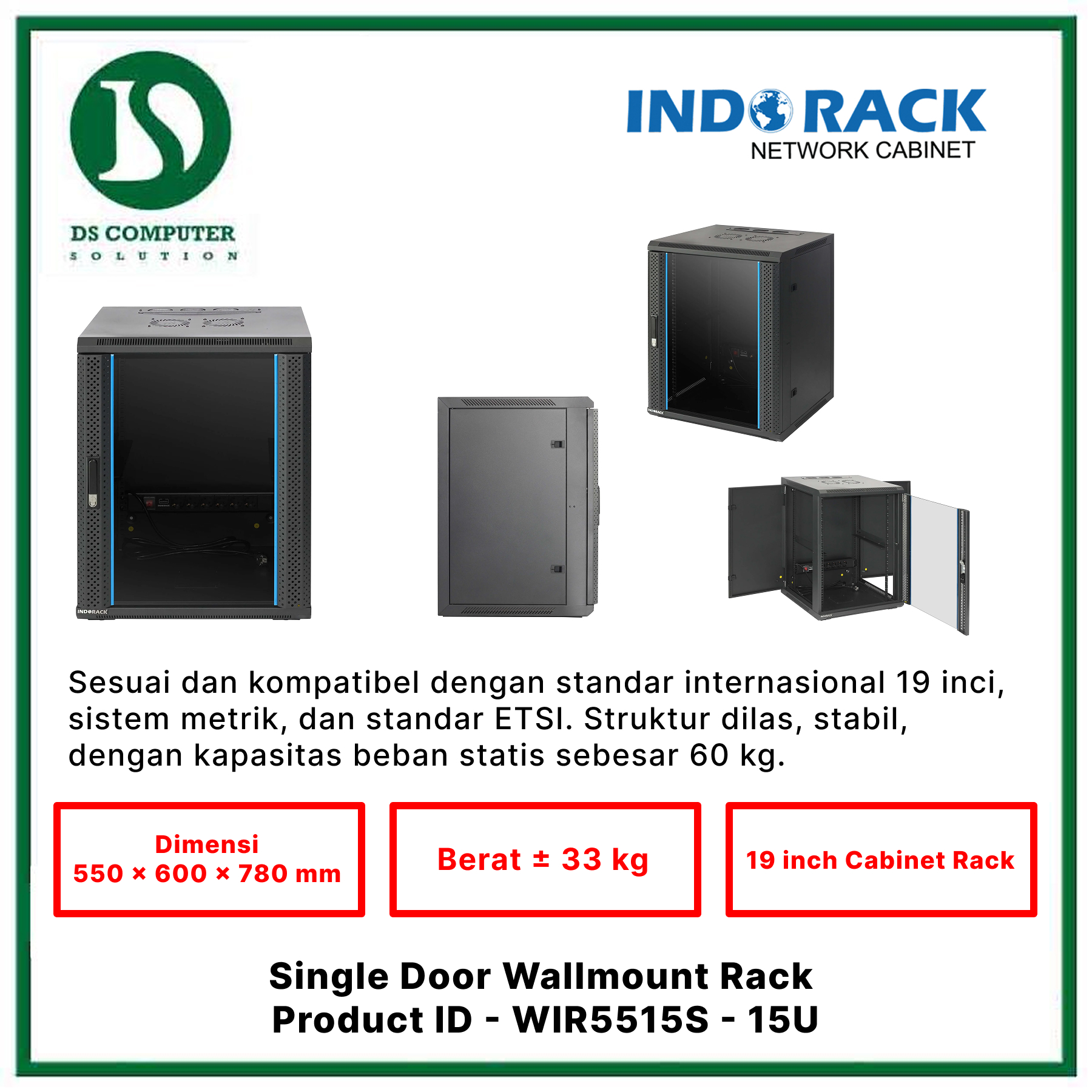 WIR5515S Indorack Wallmount 15U Depth 550mm - Include Accessories