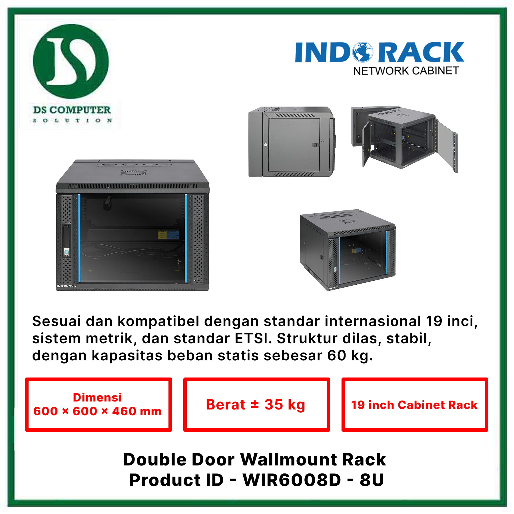 WIR6008D Indorack Wallmount 8U Depth 600mm - Include Accessories