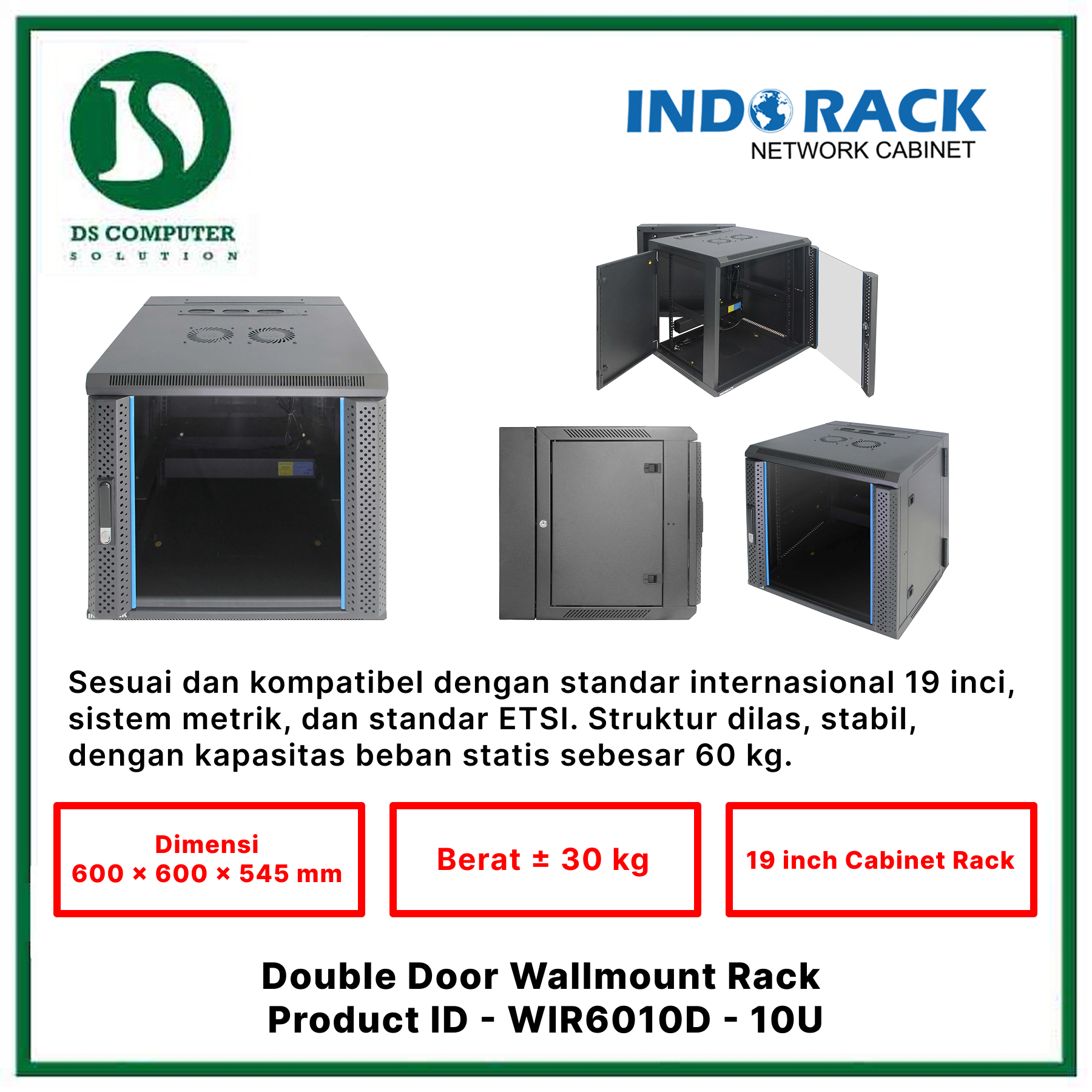 WIR6010D Indorack Wallmount 10U Depth 600mm - Include Accessories