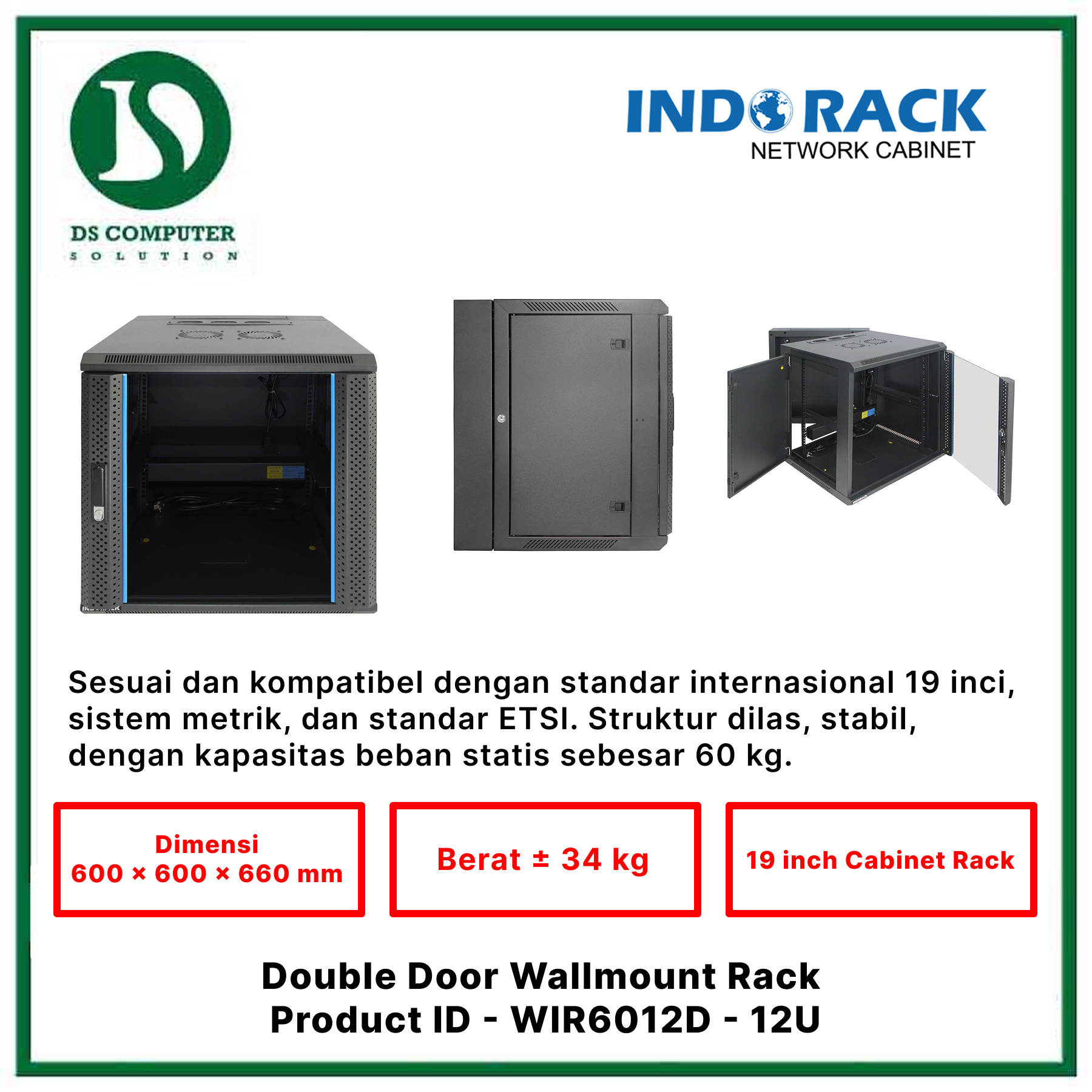 WIR6012D Indorack Wallmount 12U Depth 600mm - Include Accessories