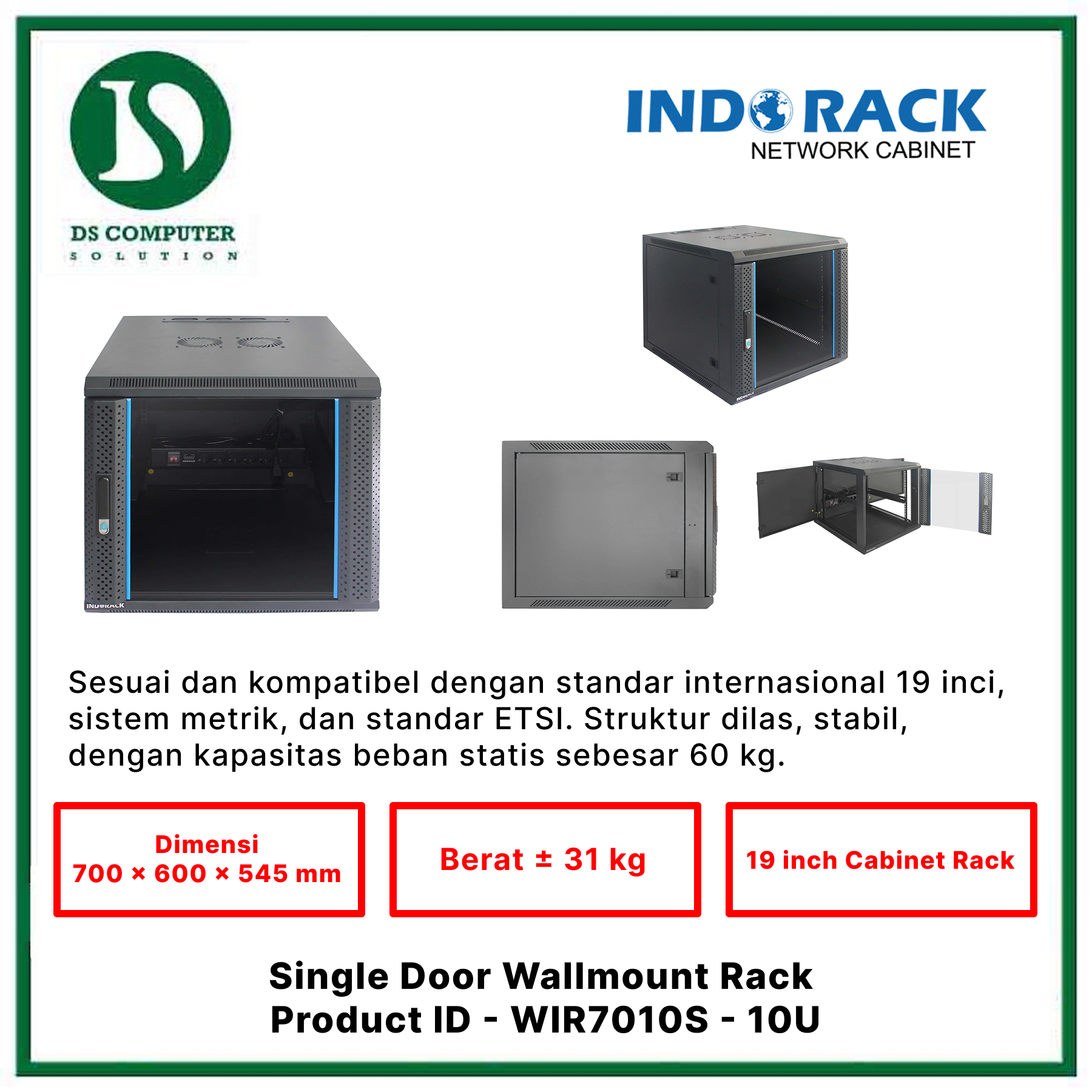 WIR7010S Indorack Wallmount 10U Depth 700mm - Include Accessories