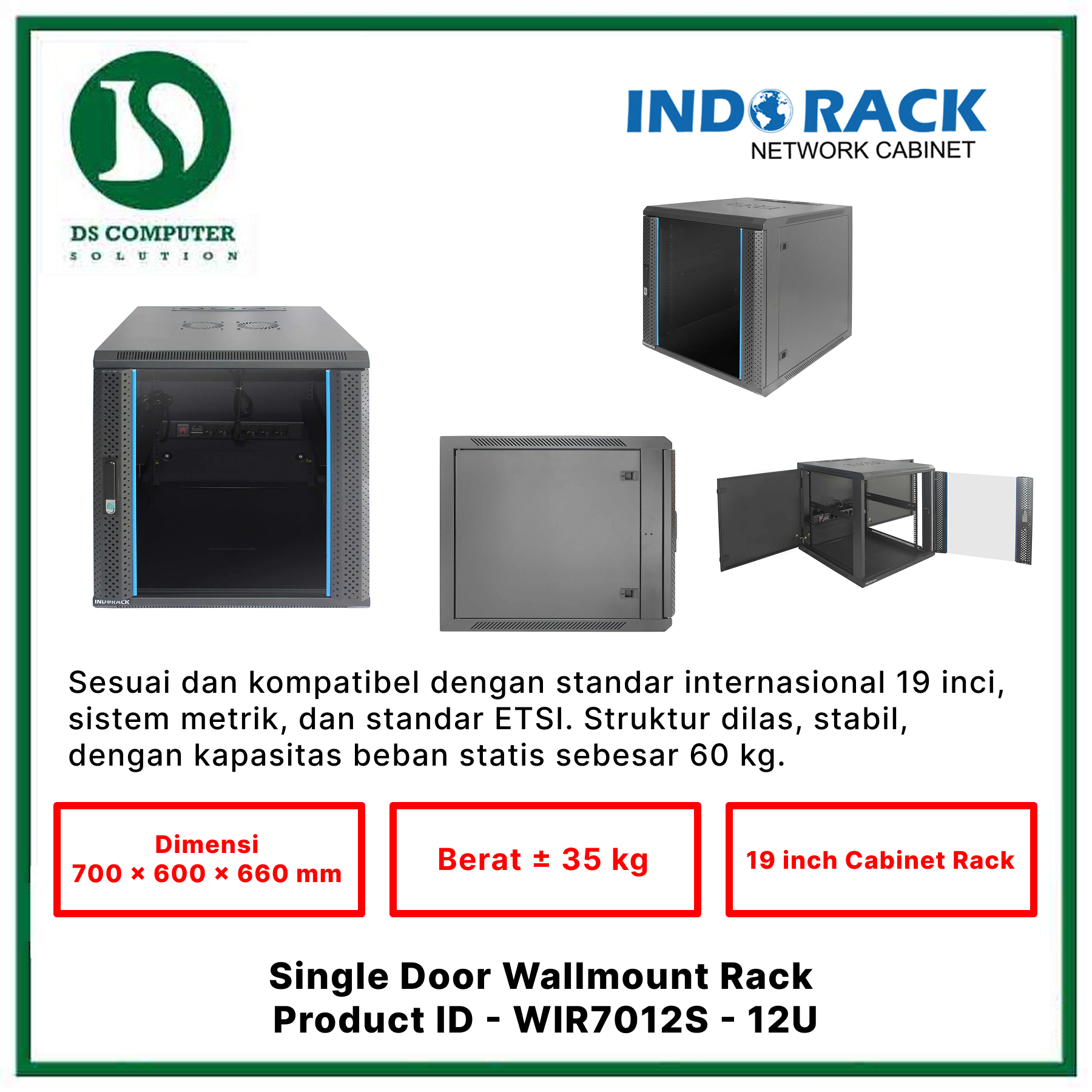 WIR7012S Indorack Wallmount 12U Depth 700mm - Include Accessories