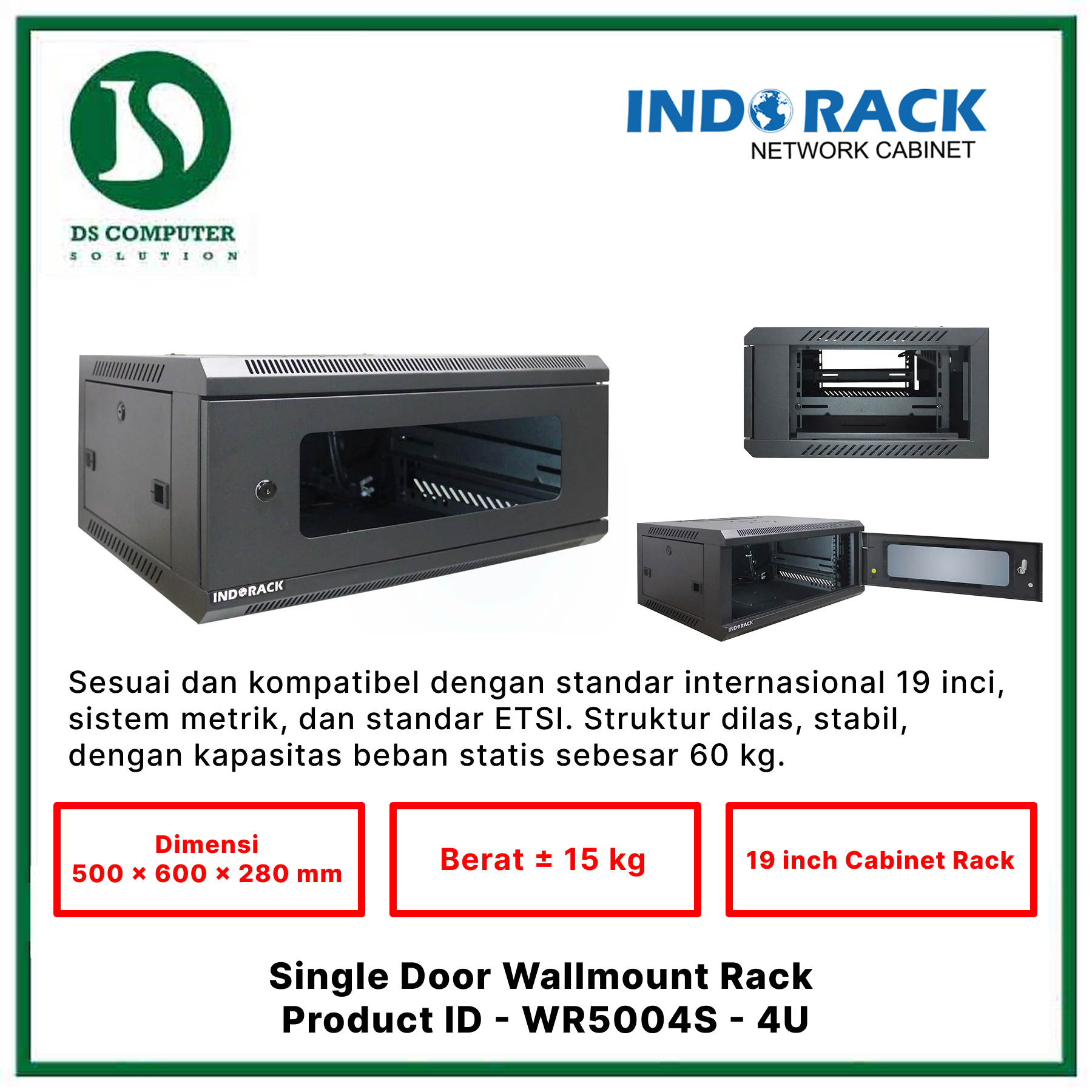 WR5004S Indorack Wallmount 4U Depth 500mm - Include Accessories