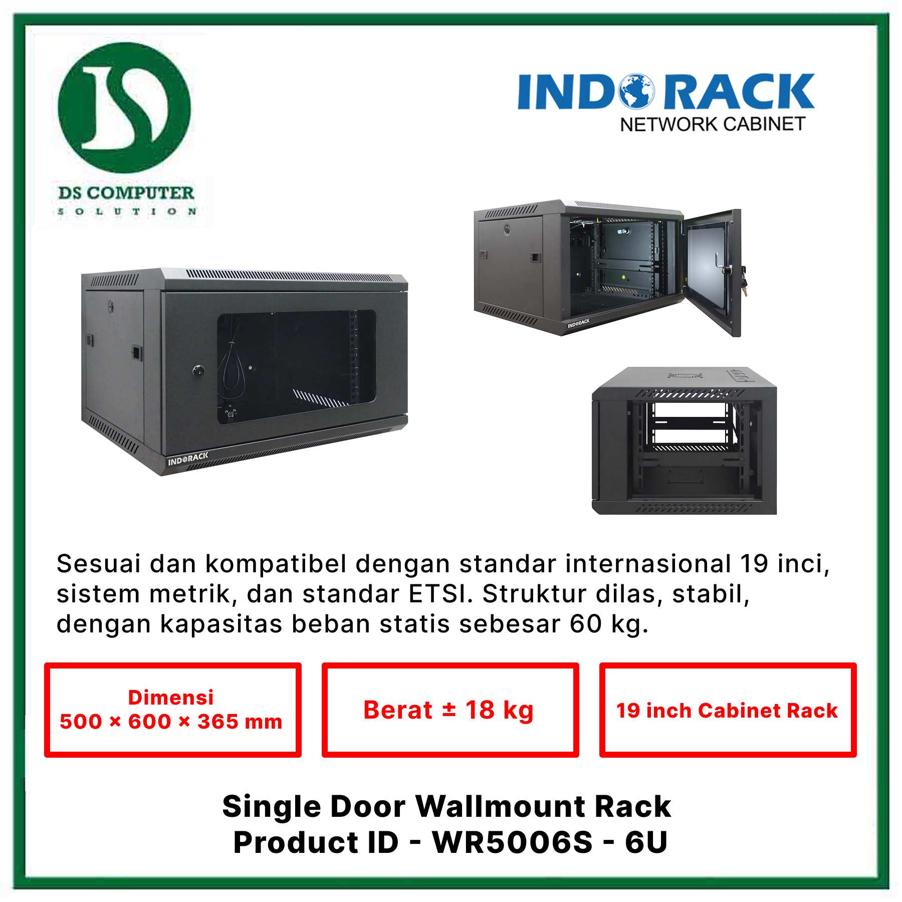 WR5006S Indorack Wallmount 6U Depth 500mm - Include Accessories