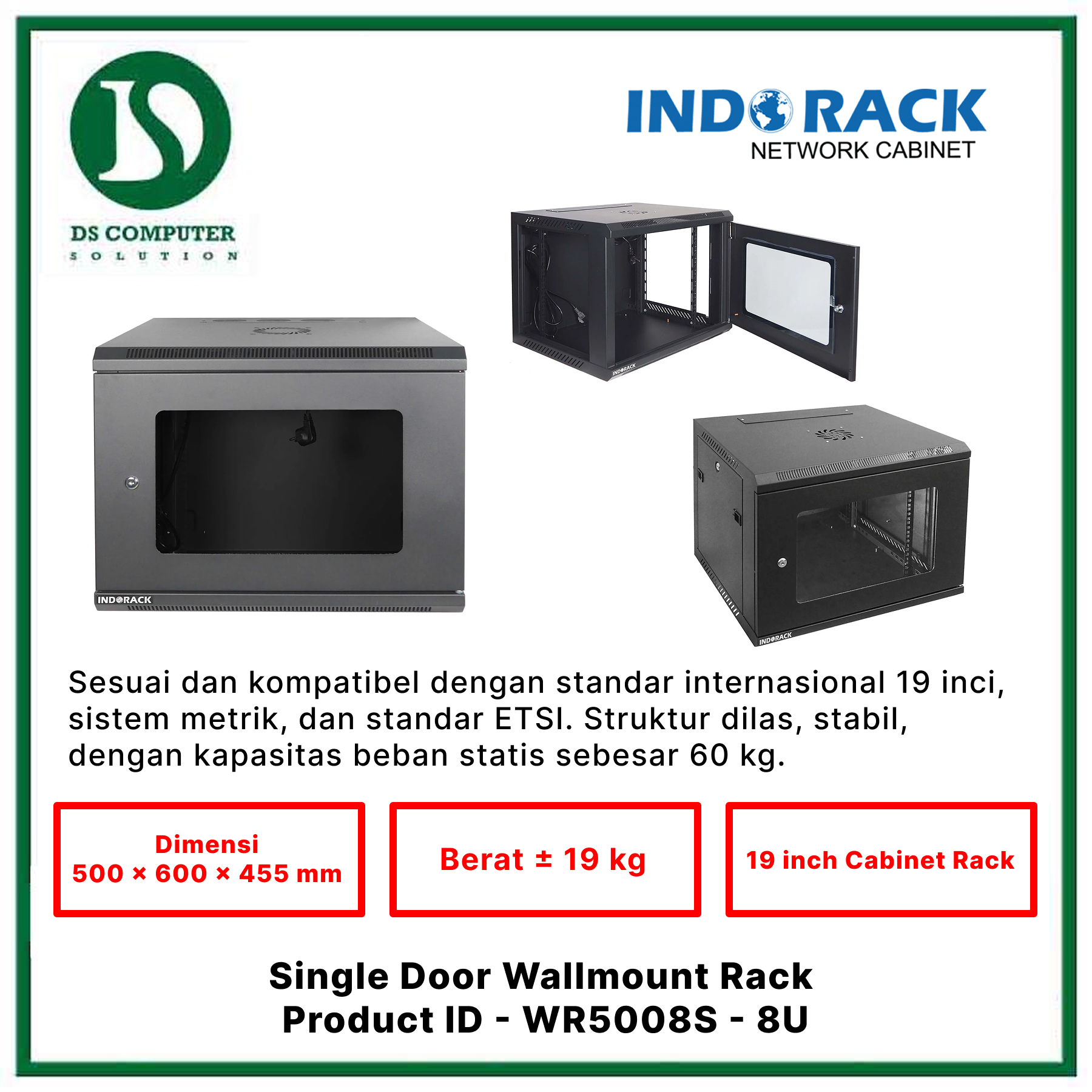WR5008S Indorack Wallmount 8U Depth 500mm - Include Accessories